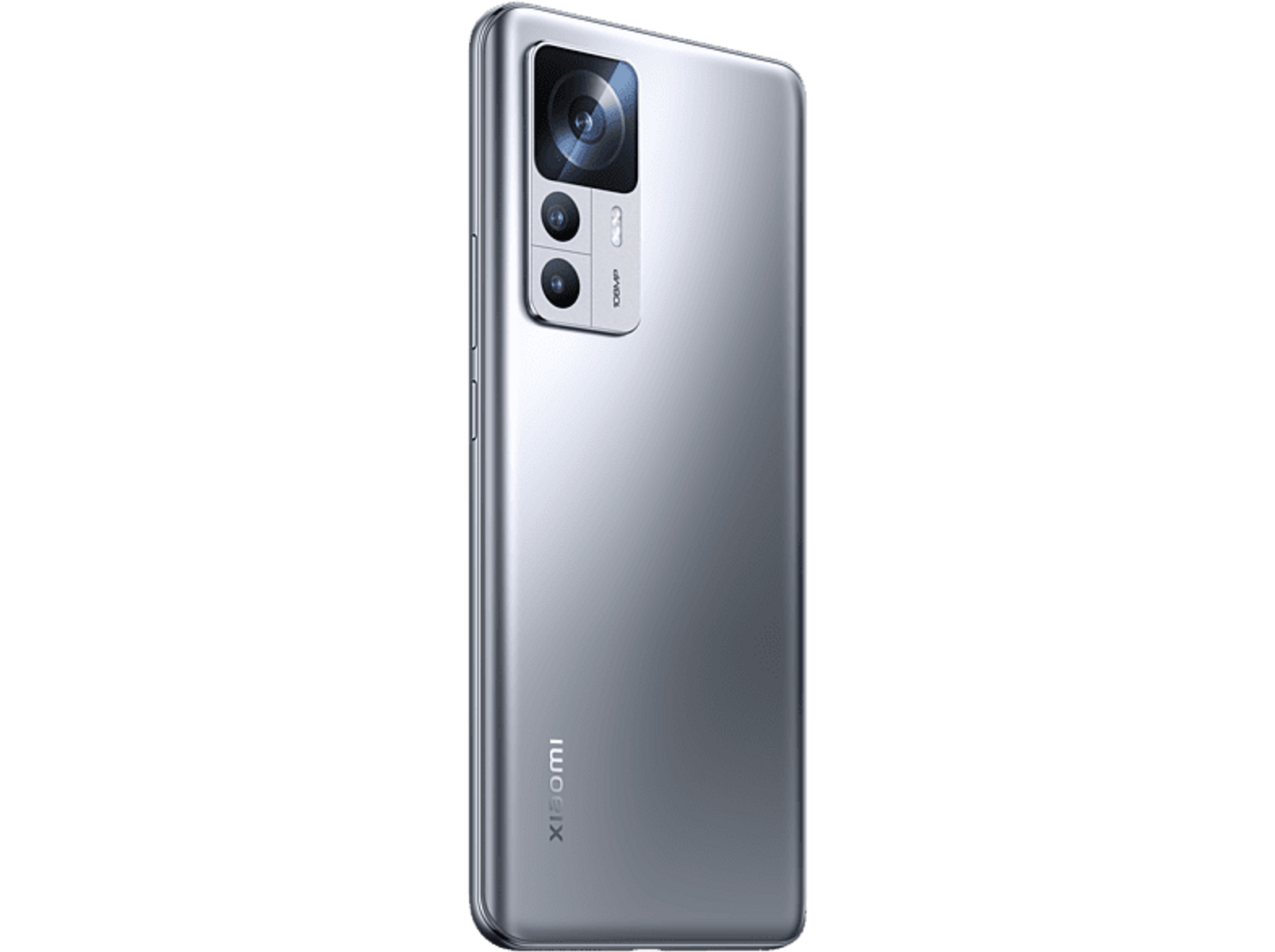 Silbernes Smartphone, Rückansicht. Merkmale Kameraobjektive und das Xiaomi-Logo. Schwarzer Hintergrund.