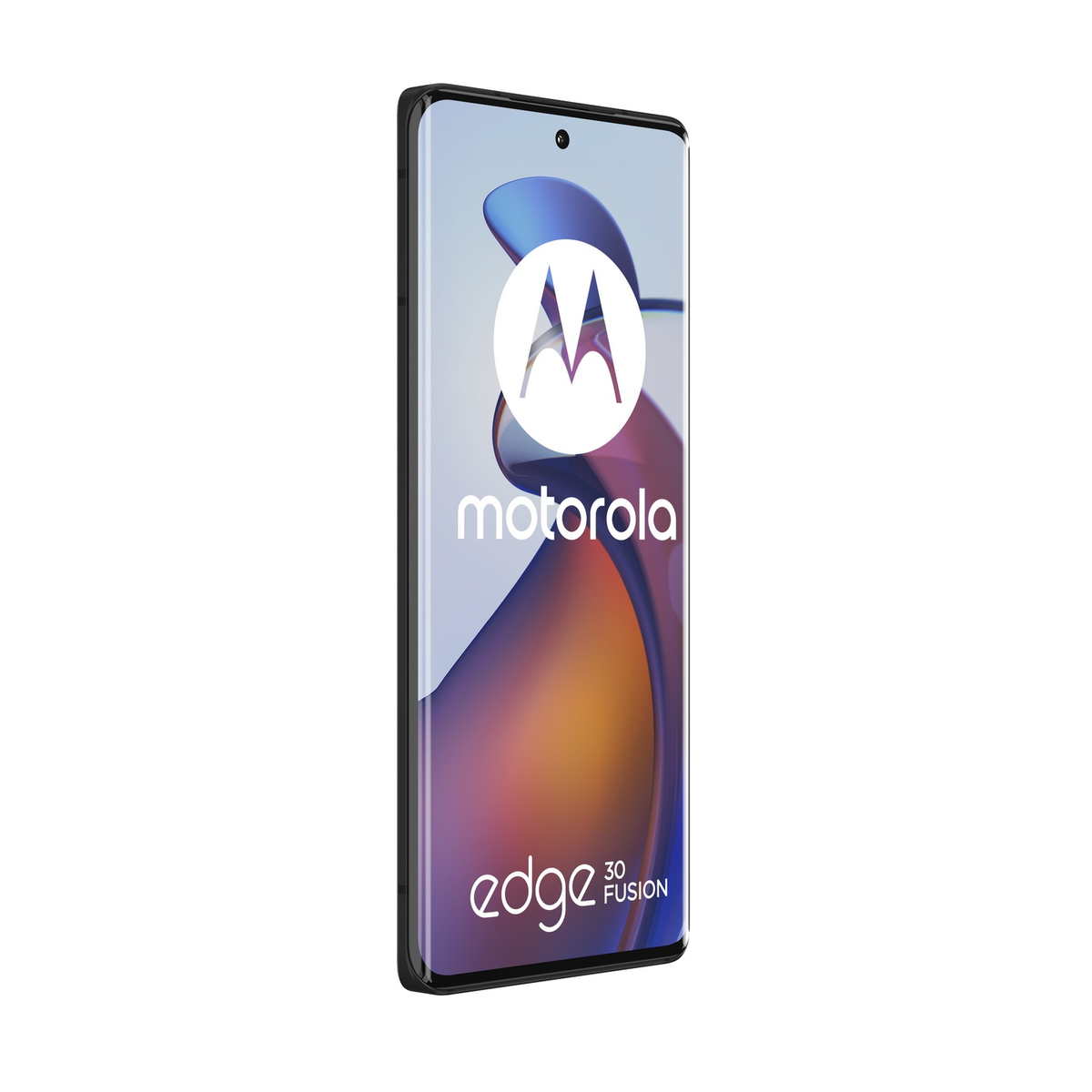 Telefon Motorola Edge 30 Fusion, widok pod kątem. Logo i design na ekranie.