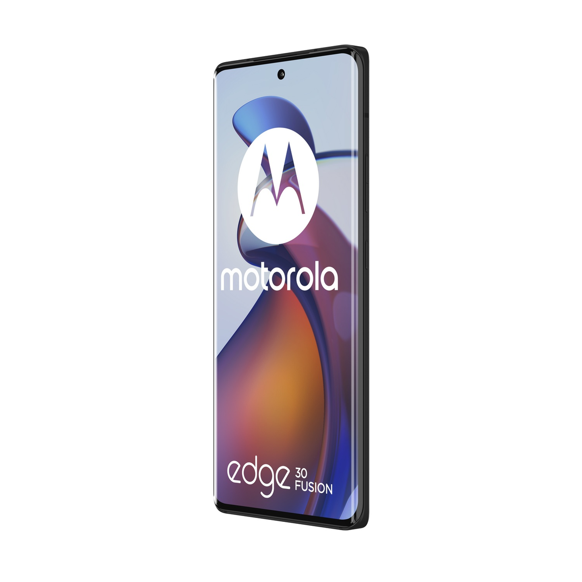 Telefon Motorola Edge 30 Fusion, czarna ramka, z białym logo Motorola na ekranie.