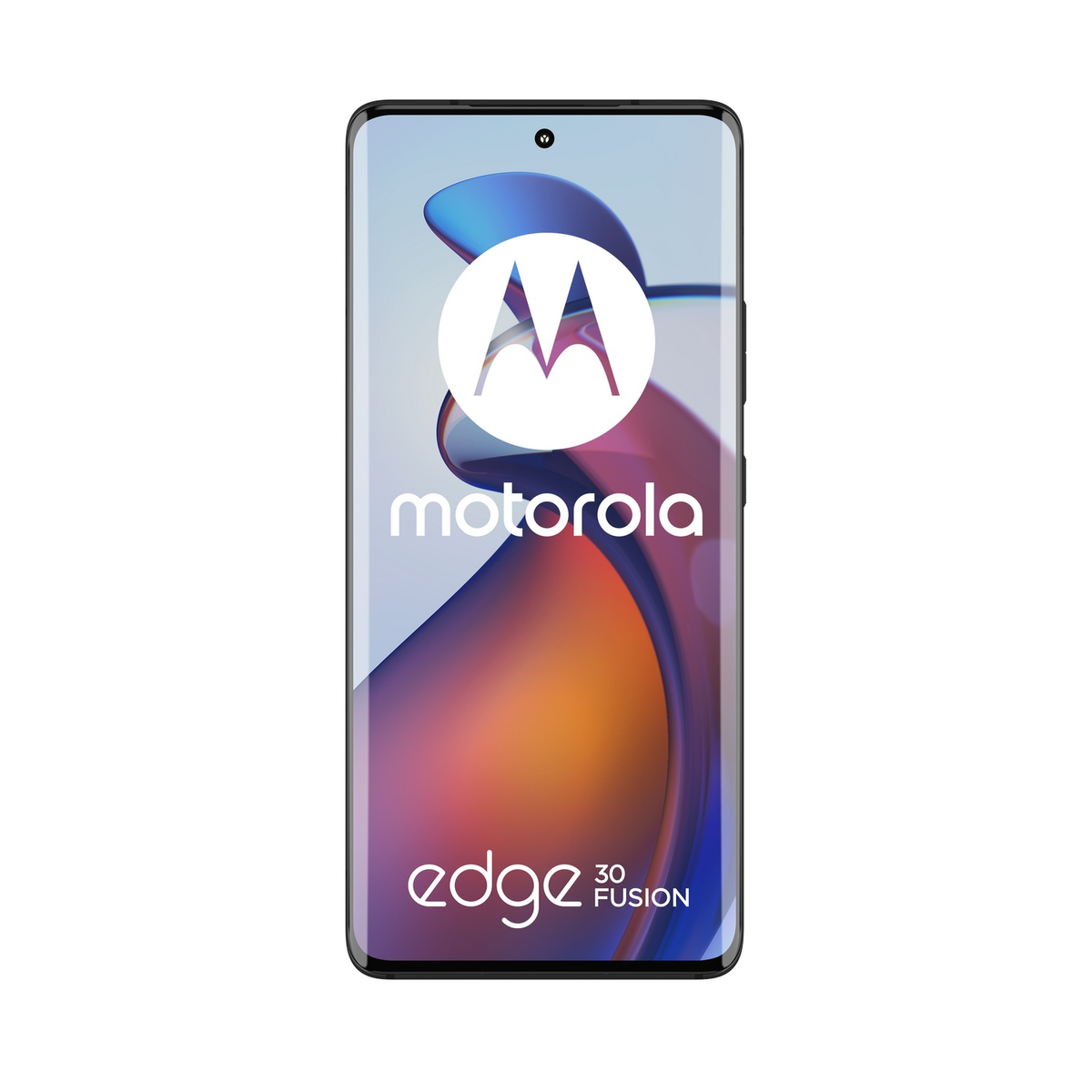 Smartfon Motorola Edge 30 Fusion z ekranem wyświetlającym kolorowy abstrakcyjny wzór, na białym tle.