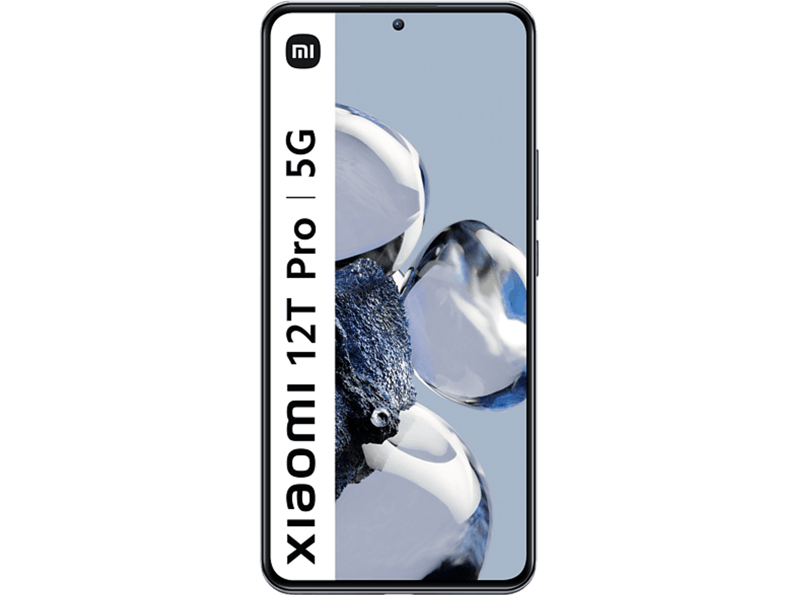 Telefon Xiaomi 12T Pro 5G, czarny ekran. Widok z przodu, wyśrodkowany. Biały tekst po lewej stronie: Xiaomi 12T Pro | 5G.