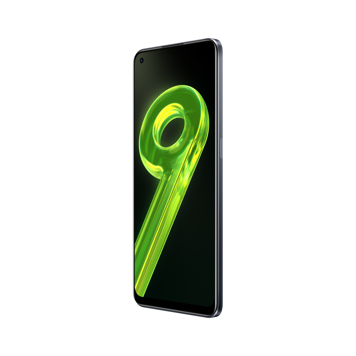 Telefon Realme 9 na czarnym tle, widok z boku. Zielony wzór neonowy.