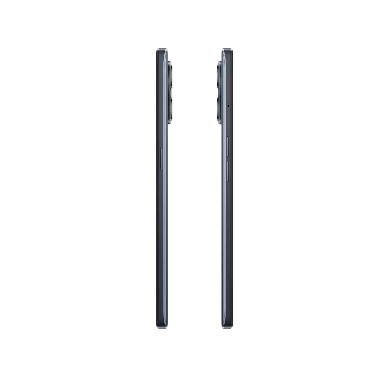 Dwa telefony obok siebie. Szary kolor, czarne tło.