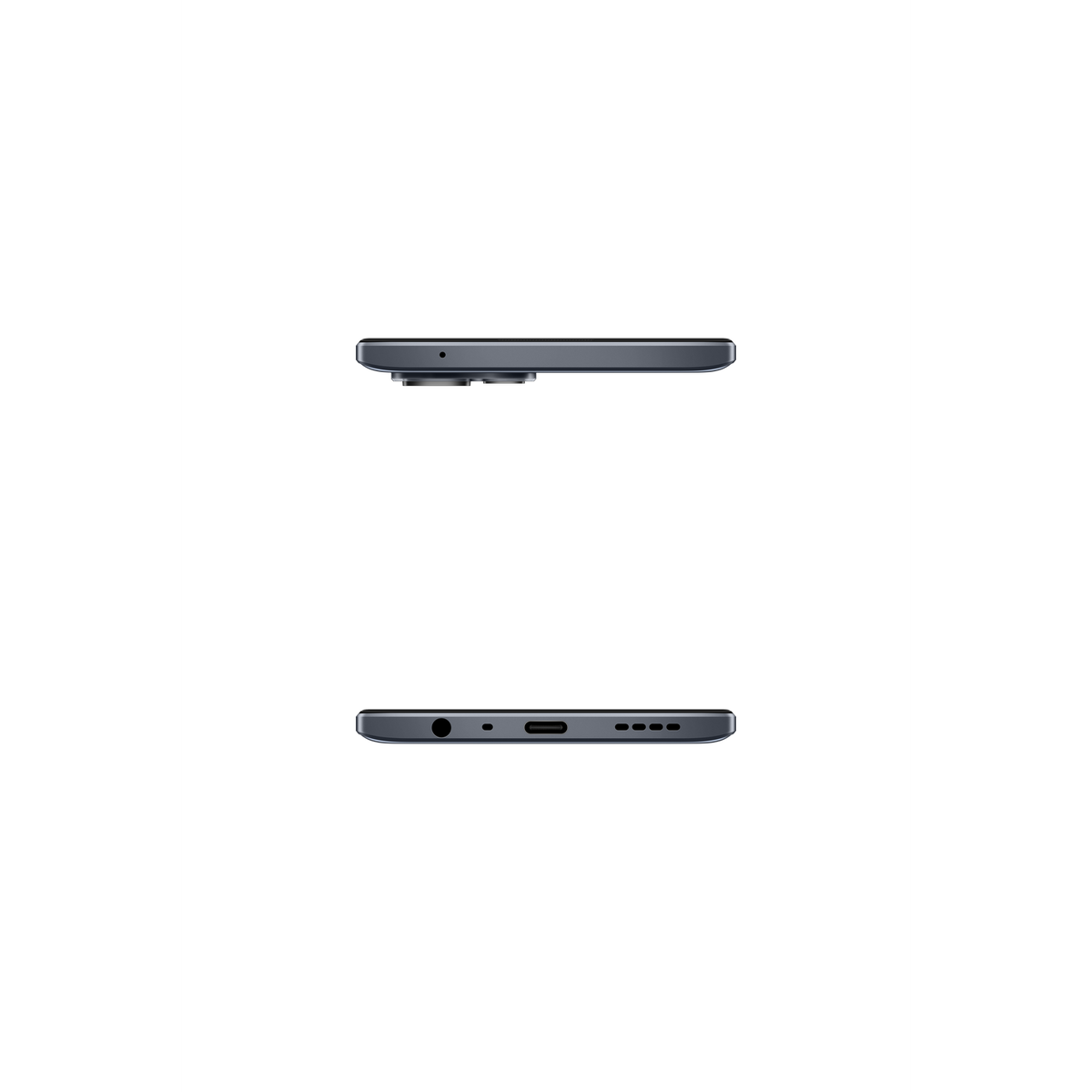 Widok z góry i z dołu ciemnoszarego smartfona, pokazujący jego krawędzie.