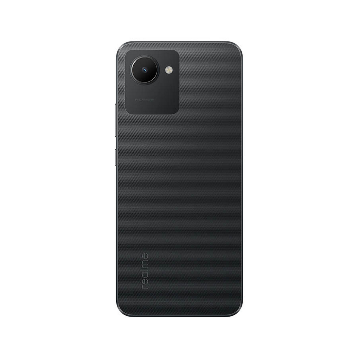 Schwarze Smartphone-Rückseite mit Einzelkamera und 'realme'-Logo. Schwarze Struktur.