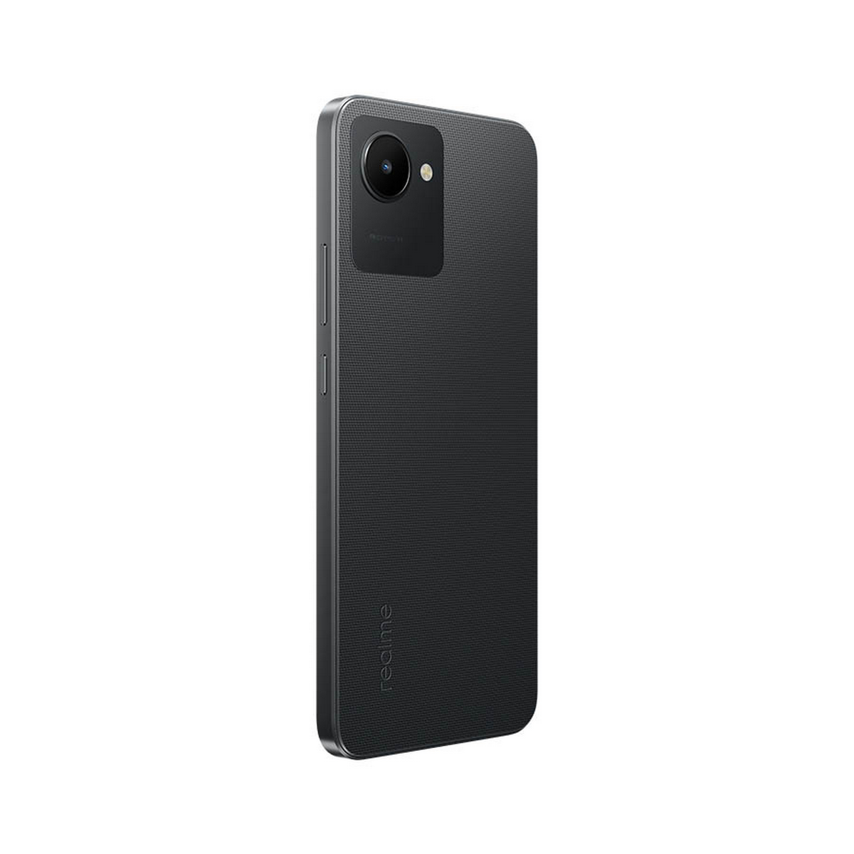 Schwarzes Telefon in Schrägansicht. Kamera und Realme-Logo sichtbar.