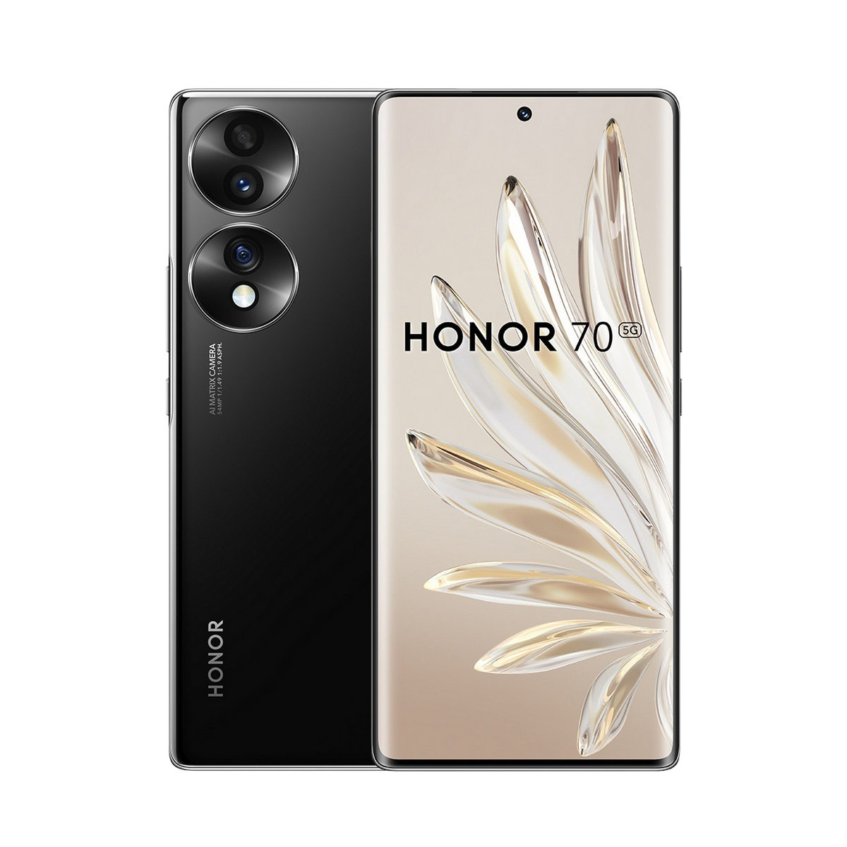 Czarny telefon Honor 70 5G. Widok z tyłu z aparatami i widok z przodu.