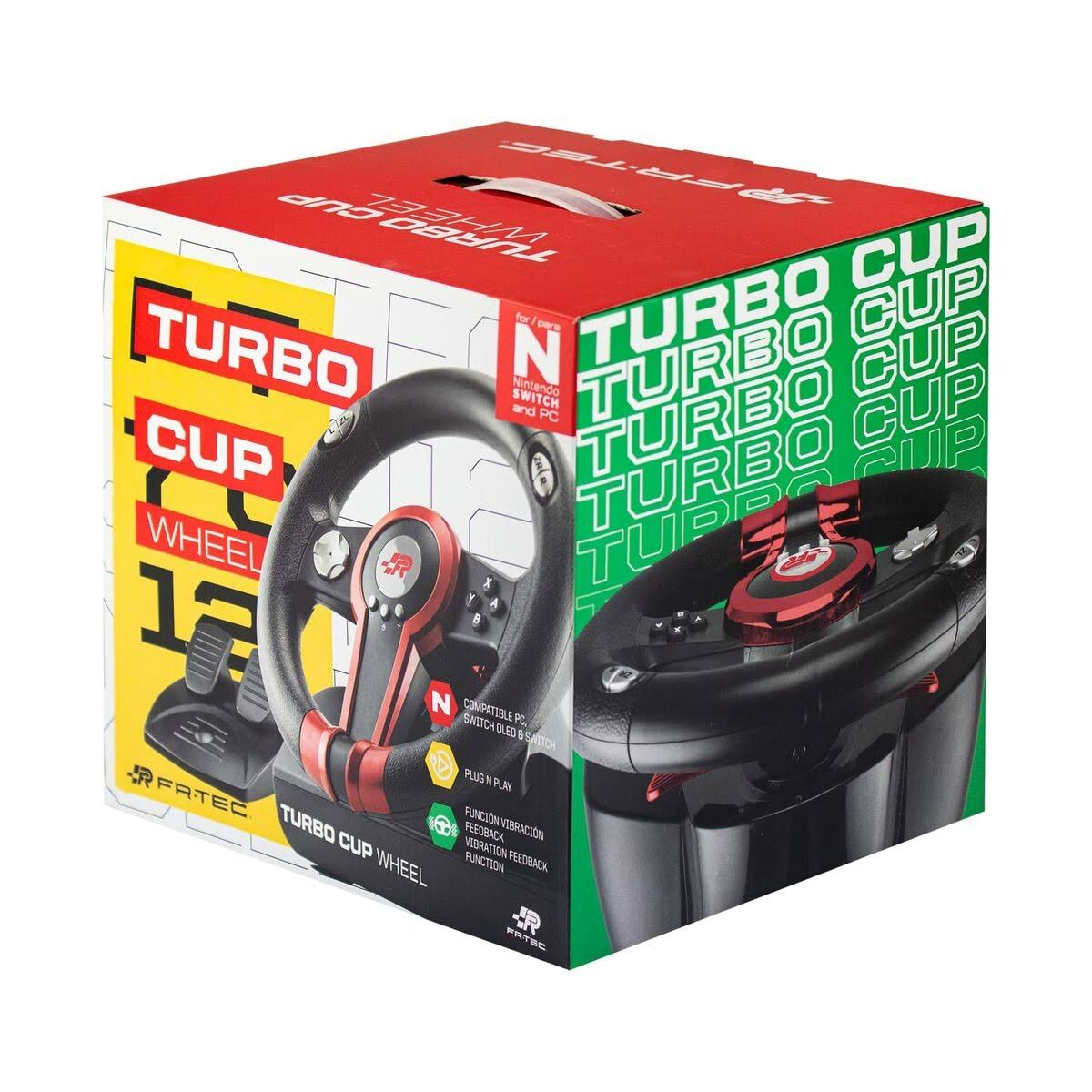 Caja de Turbo Cup Wheel. Colores rojo, negro y verde. Controlador de volante mostrado en la caja.