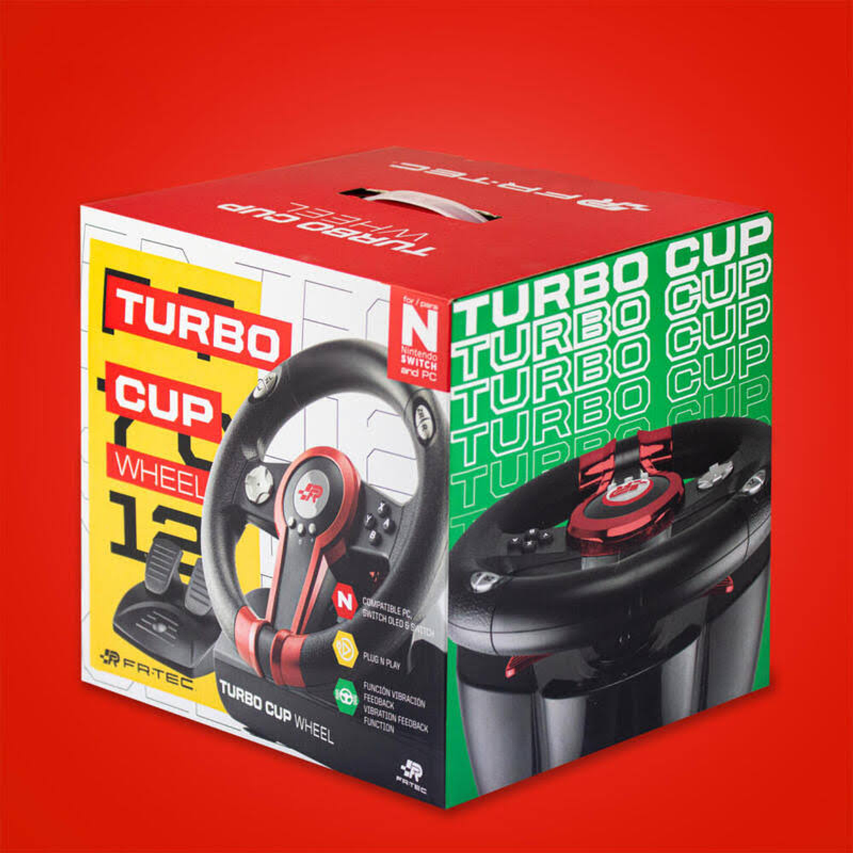 Una caja de volante Turbo Cup con volante y pedales, y el texto: Turbo Cup 13.