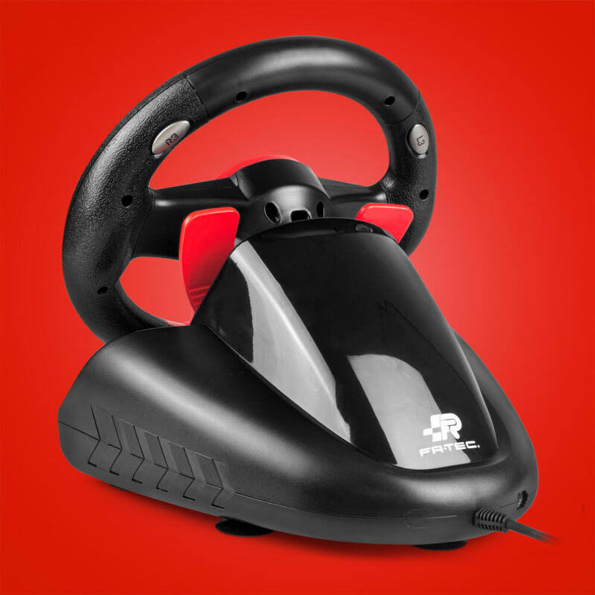 Un volante de juego negro con detalles rojos, sobre un fondo rojo.
