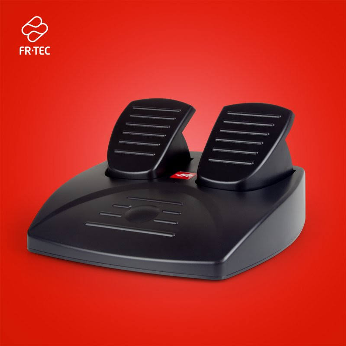 Pedales de juego negros sobre fondo rojo con el logo FR-TEC.