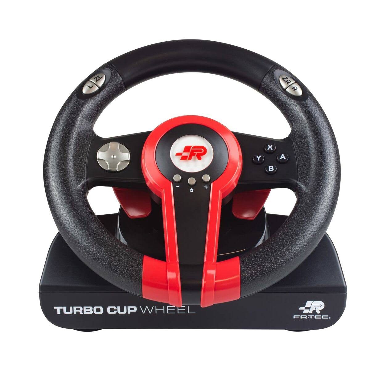 Volante negro y rojo para un juego de carreras, sobre una base negra.