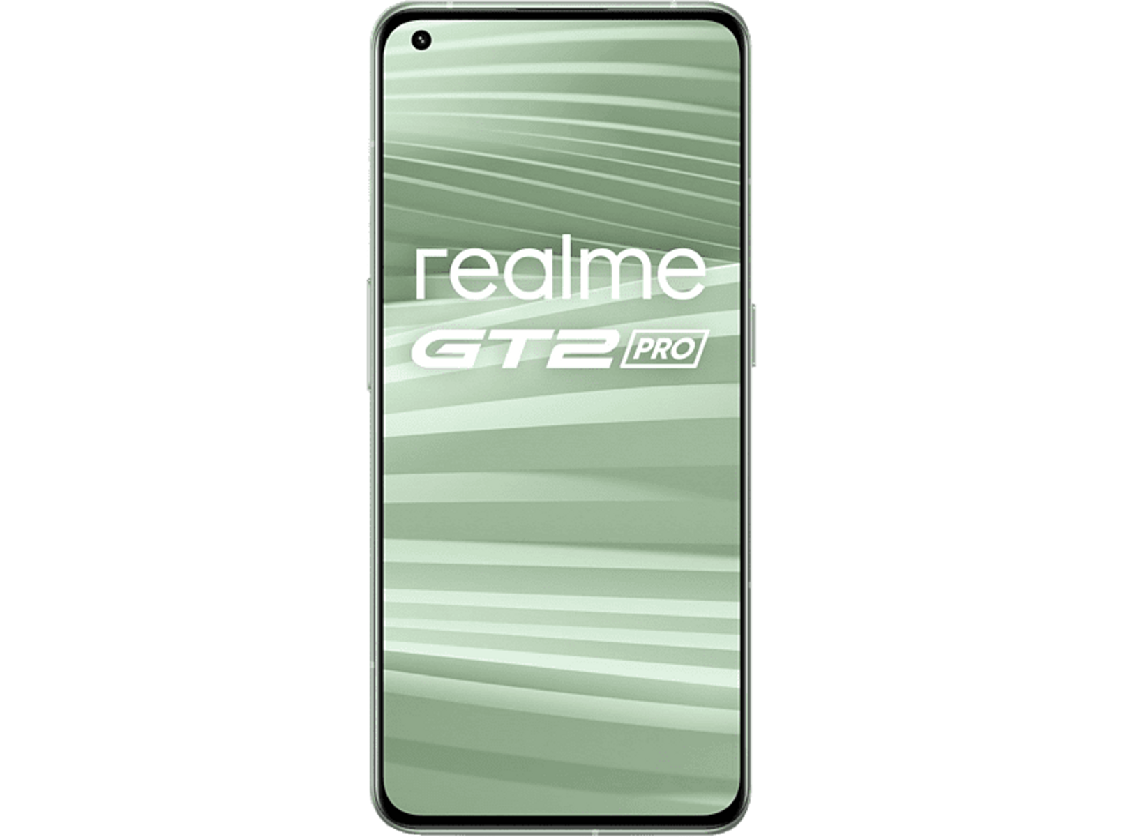 Realme GT2 Pro Smartphone. Display zeigt 'realme GT2 Pro' Text, hellgrüner Hintergrund, schwarzer Rahmen.