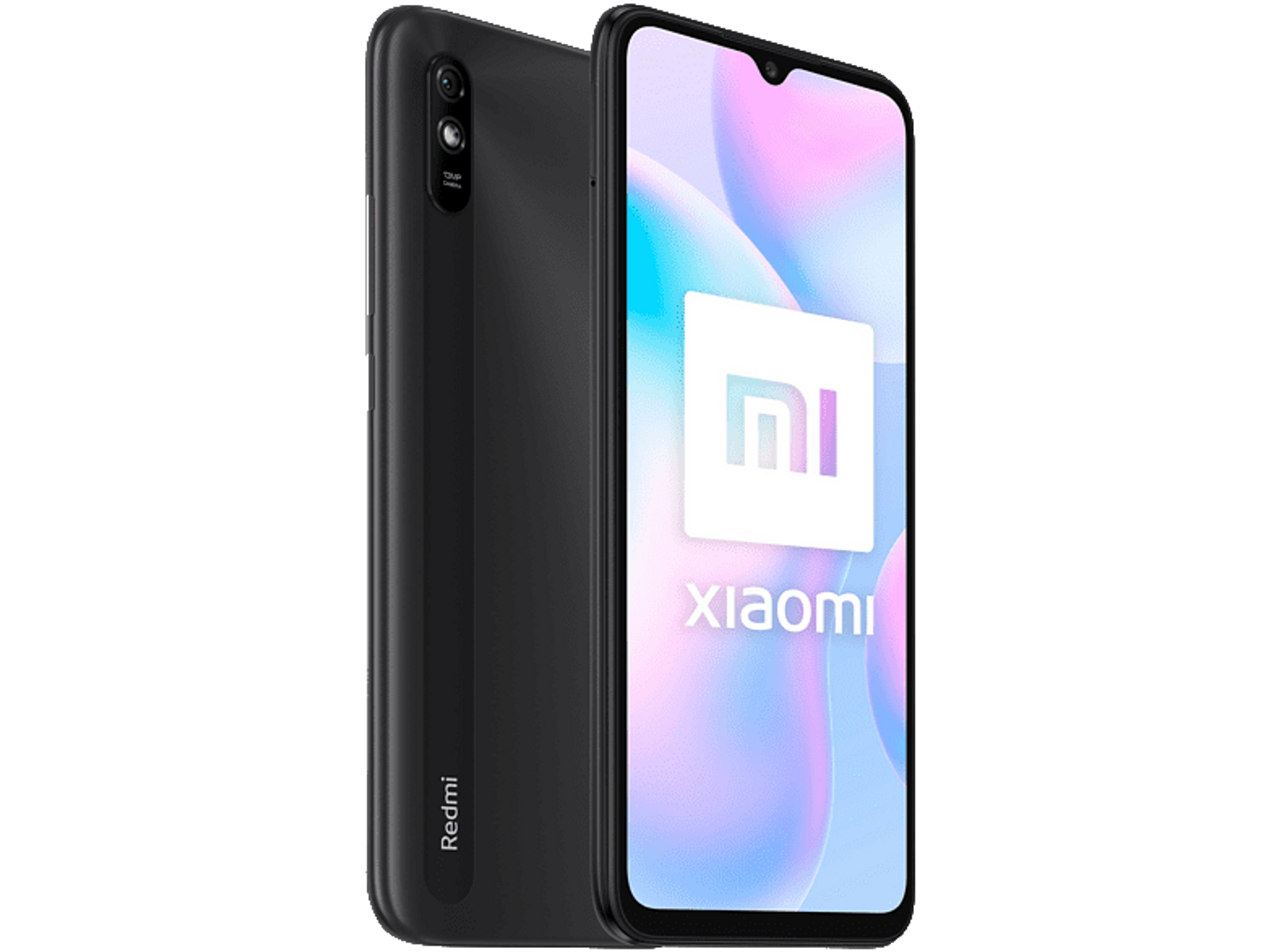 Uno smartphone Xiaomi Redmi nero con schermo grande, che mostra il logo del marchio.