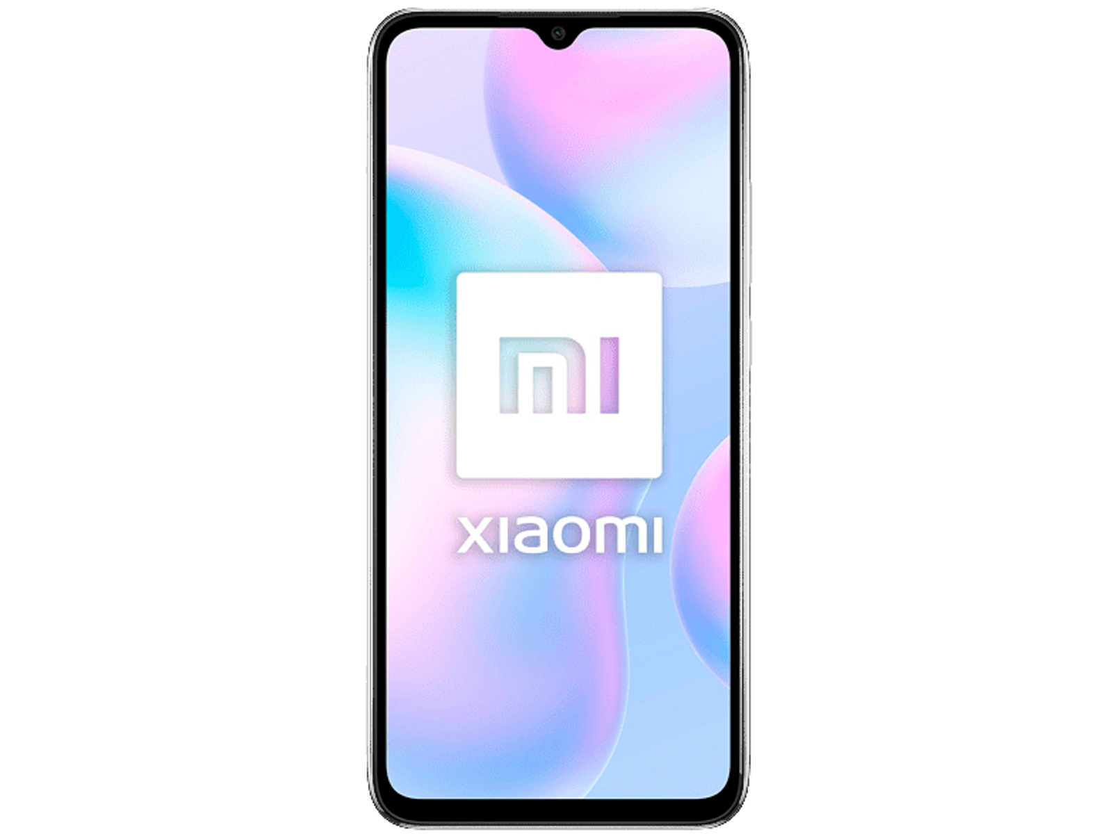 Telefono Xiaomi nero con il logo del marchio sullo schermo. Sfondo rosa e viola. Sfondo nero.