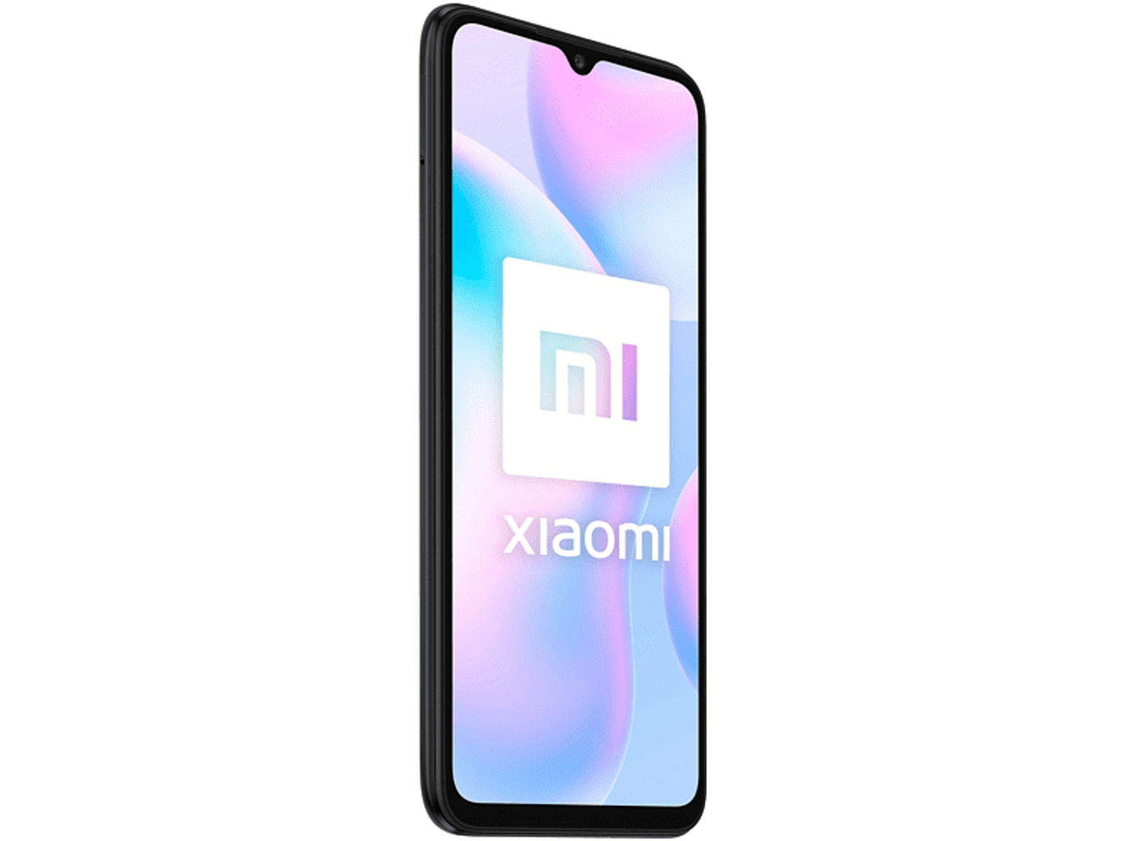 Un telefono Xiaomi nero con logo bianco su sfondo rosa e bianco.