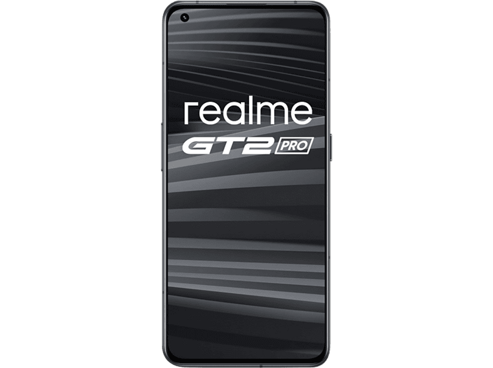 Ein Smartphone auf schwarzem Hintergrund. Der Bildschirm zeigt die Worte „realme GT2 Pro“.