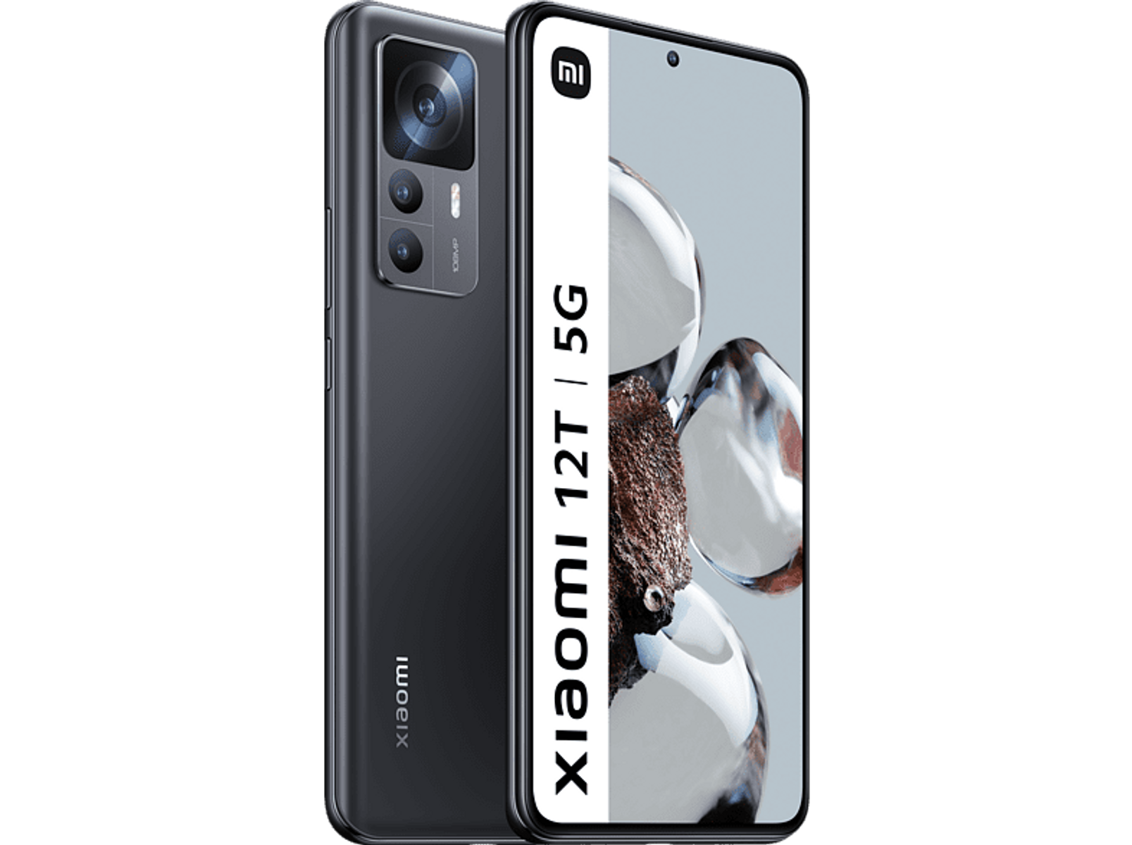 Dark gray smartphone with Xiaomi 12T 5G displayed, back and front view.