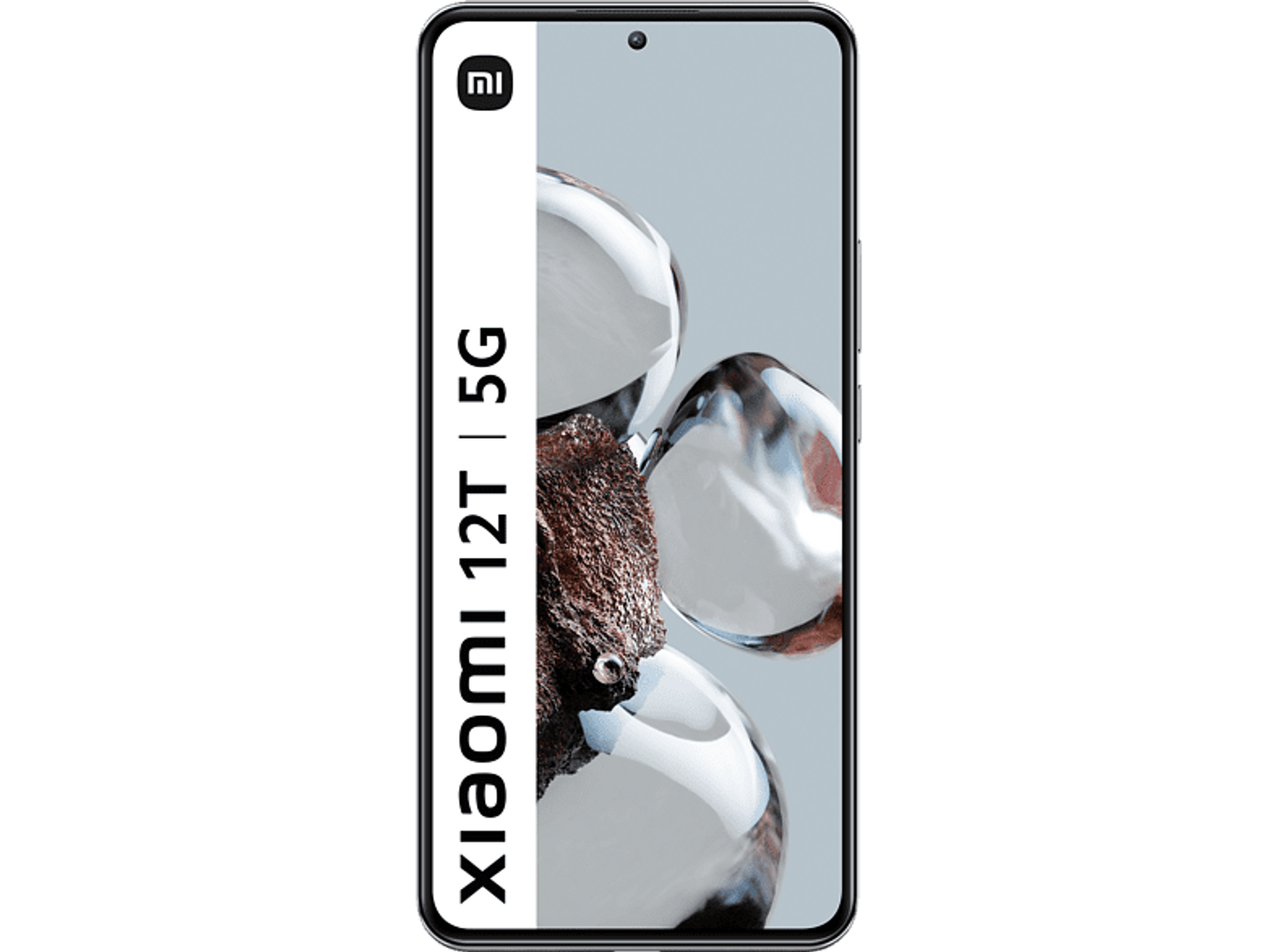 Xiaomi 12T 5G phone with white bar. The screen has abstract art. Black background.