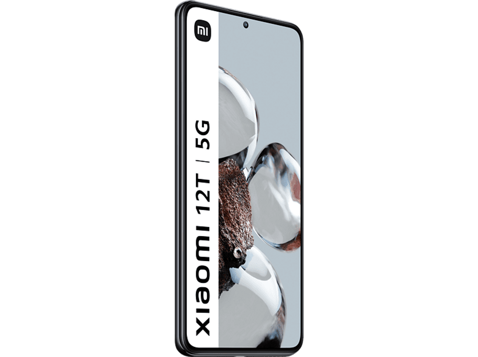 Smartphone, side view. Black frame, screen with text 'Xiaomi 12T | 5G'. Black background.