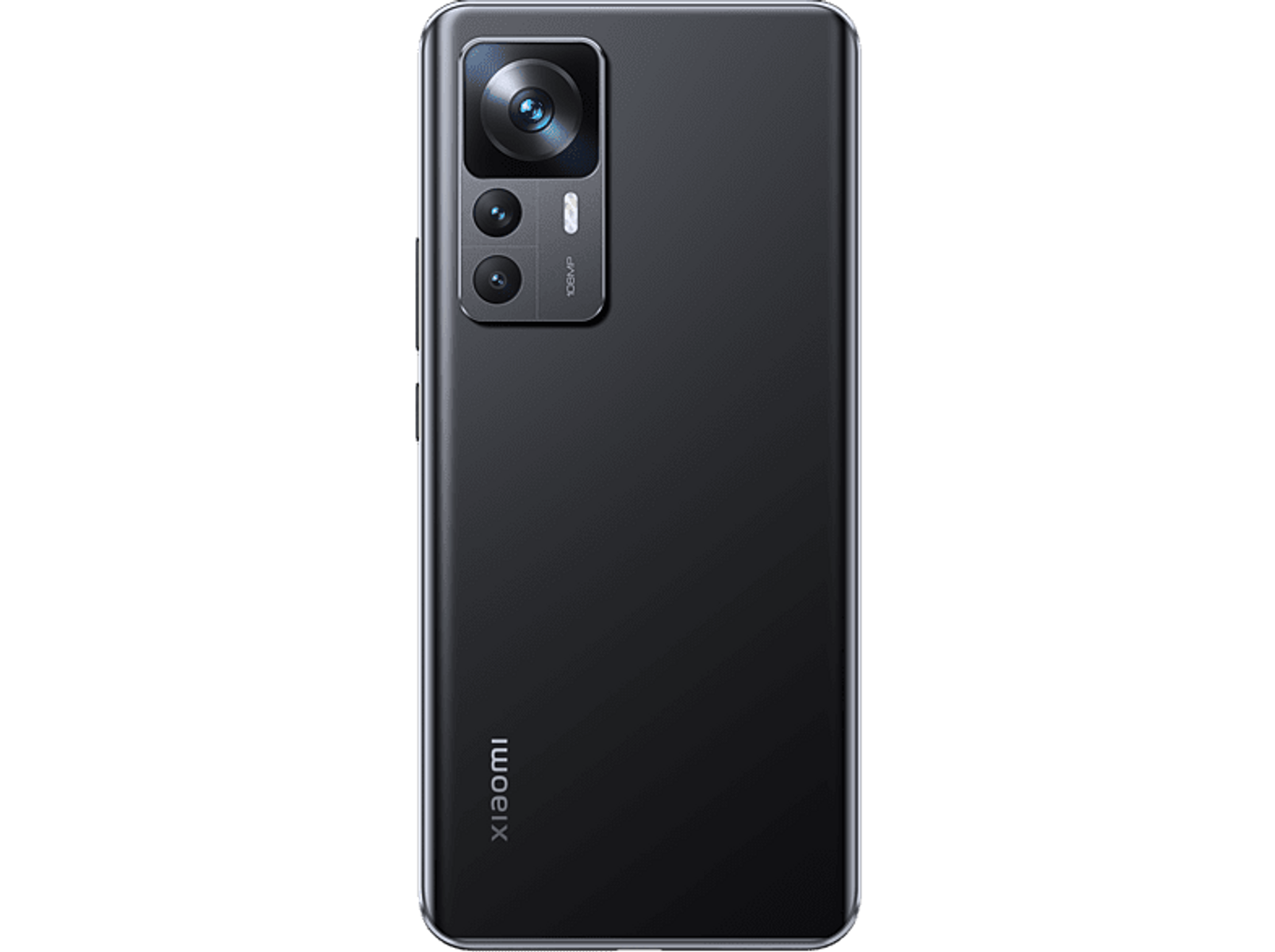Black smartphone back with triple camera setup, Xiaomi logo, and black background.