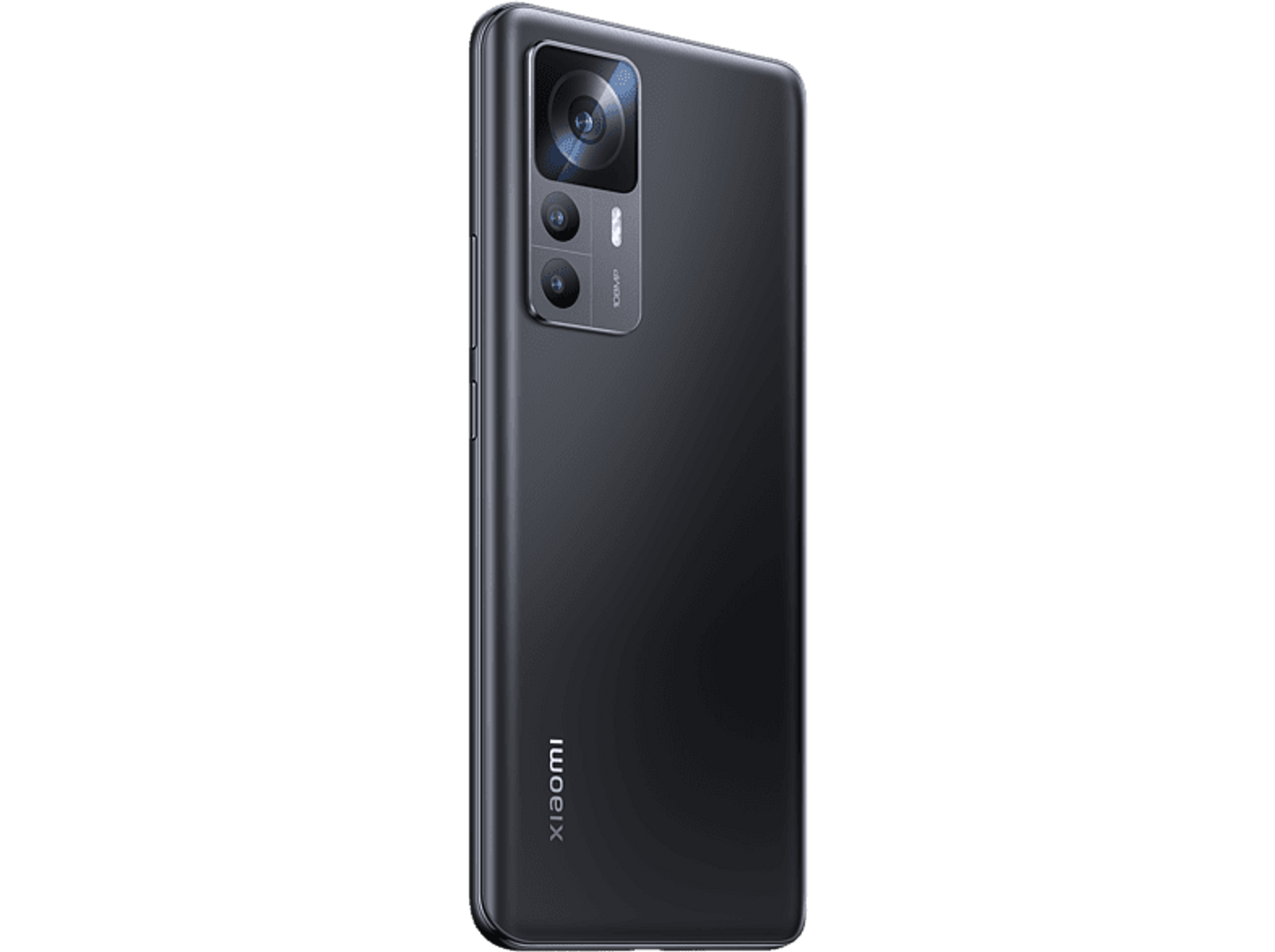 Black Xiaomi phone, back view. It has three camera lenses and the Xiaomi logo.