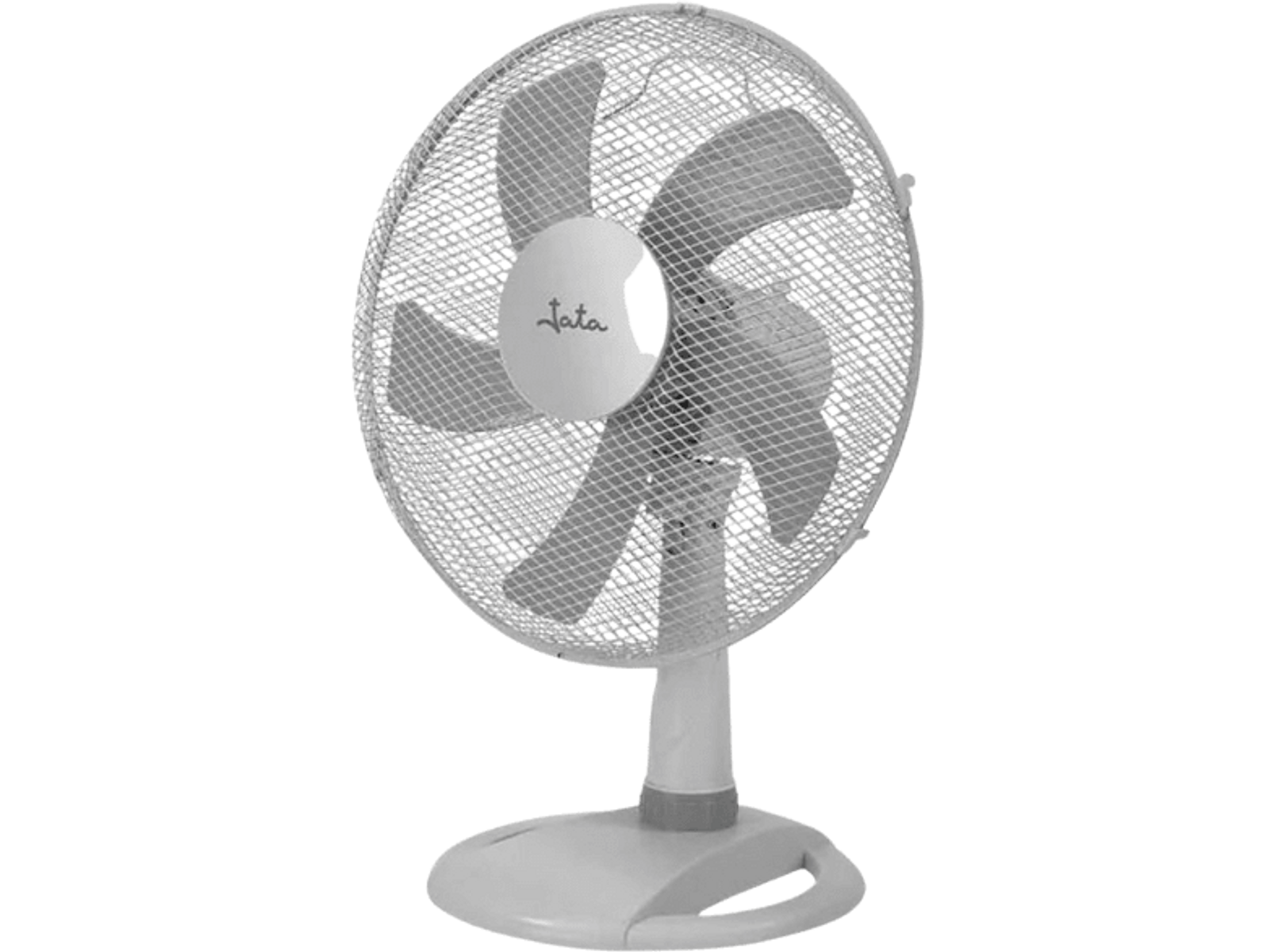 Ventilador de escritorio blanco. Base y aspas blancas. Rejilla protectora. Fondo negro.