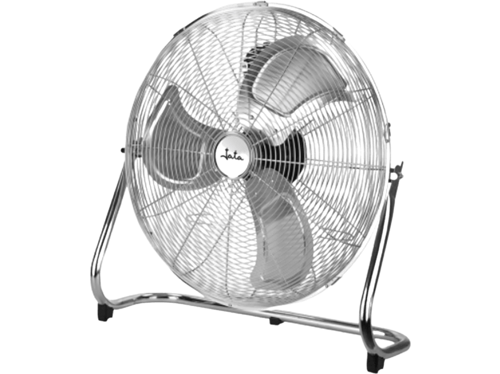 Srebrny, okrągły wentylator z trzema łopatkami, na stojaku.