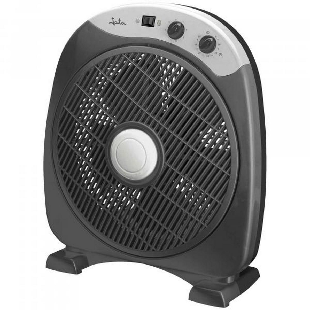 Ventilatore a scatola nero e grigio con pannello di controllo bianco.