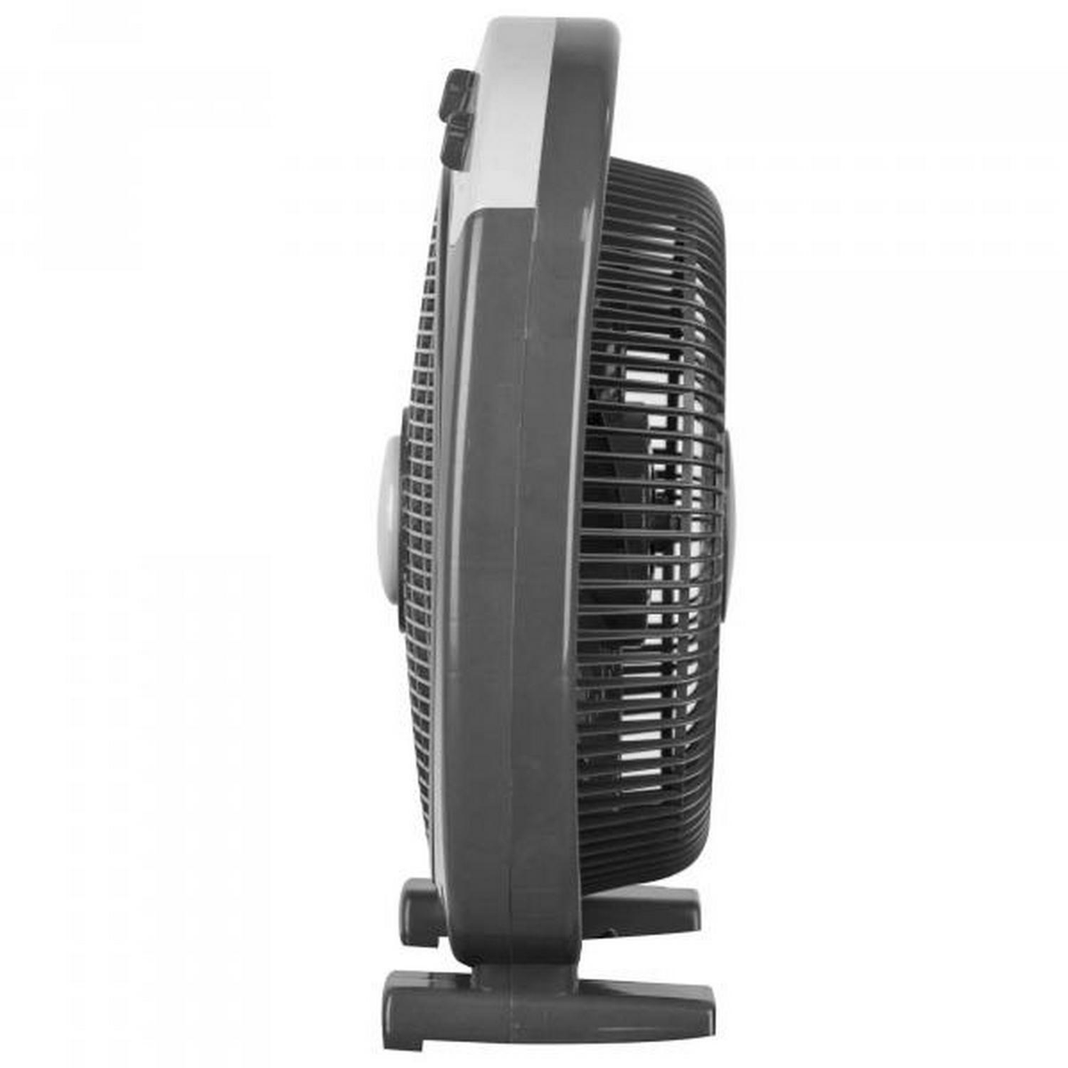 Vista laterale di un ventilatore grigio scuro. Mostra le pale del ventilatore e il profilo laterale. Sfondo bianco.