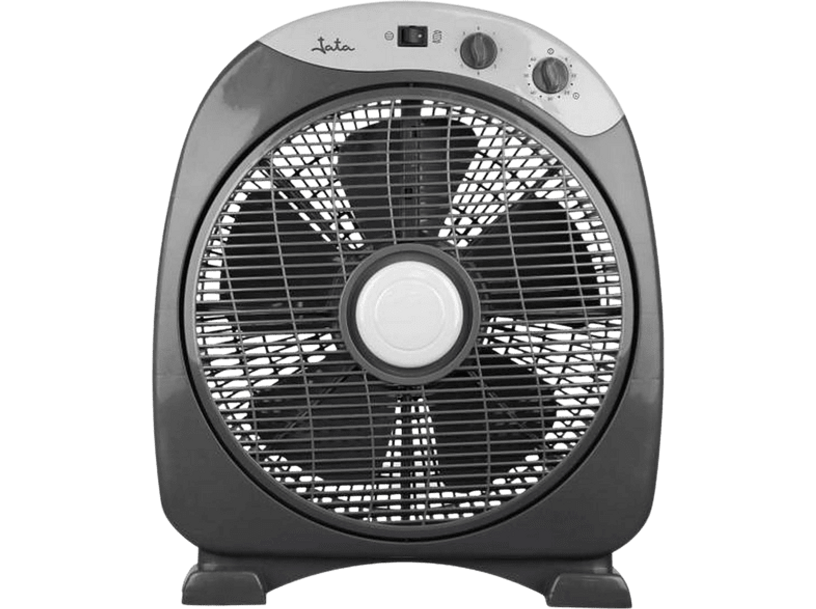 Ventilador de caja, con un diseño negro y gris, con controles en la parte superior.