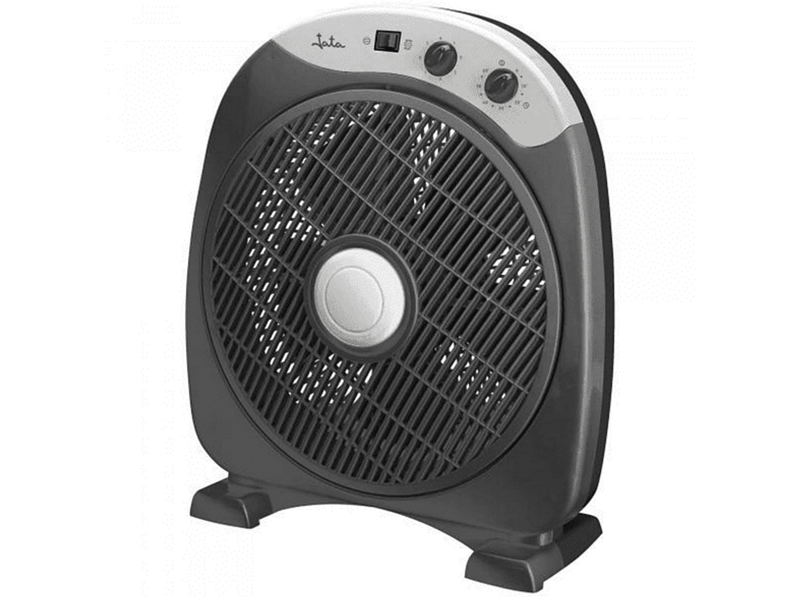 Un ventilador de caja negro y gris. Tiene una rejilla redonda, controles arriba y se apoya en una base.