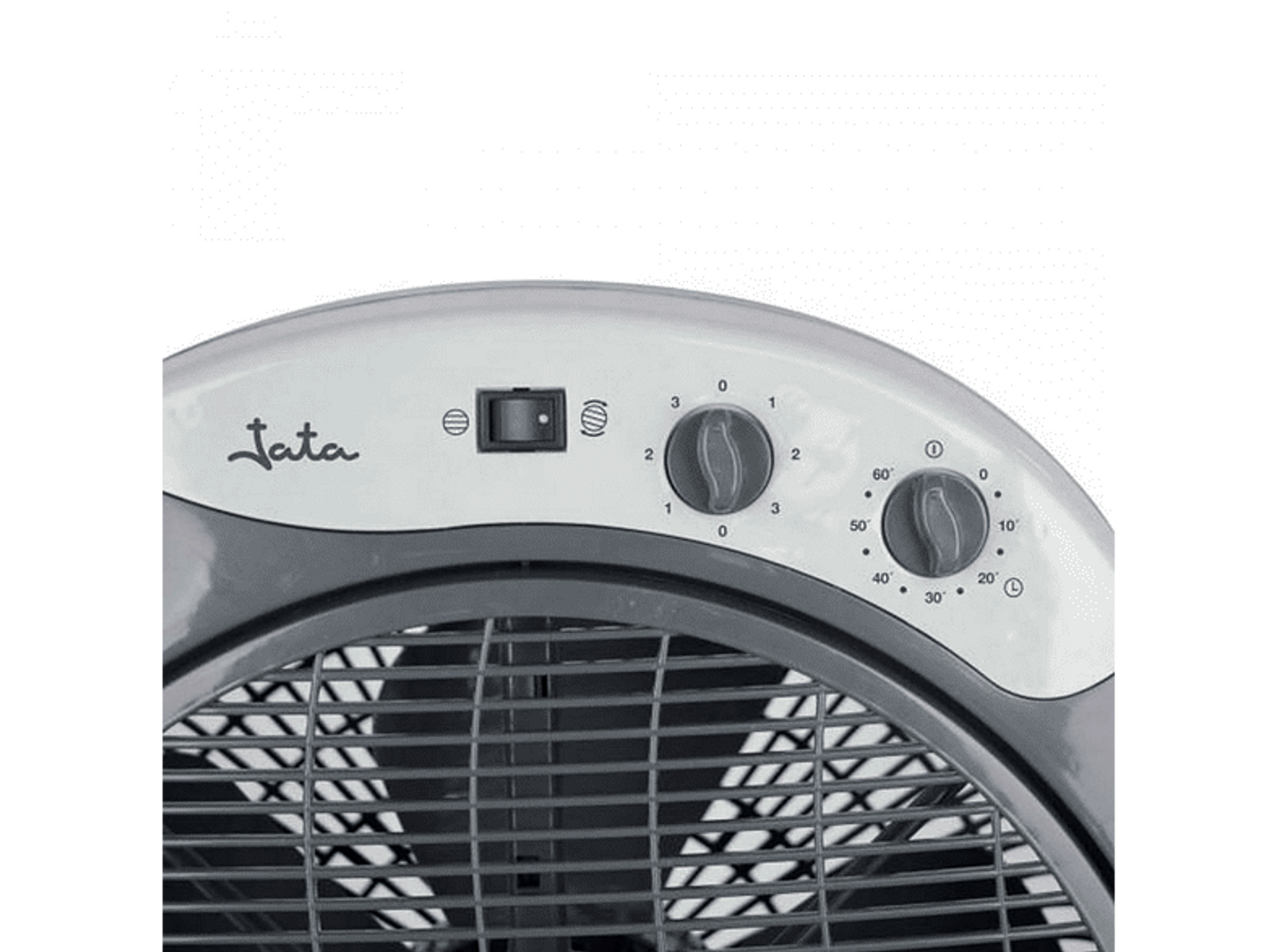 Primer plano de un panel de control del ventilador con un interruptor y dos perillas. El ventilador es gris y negro.