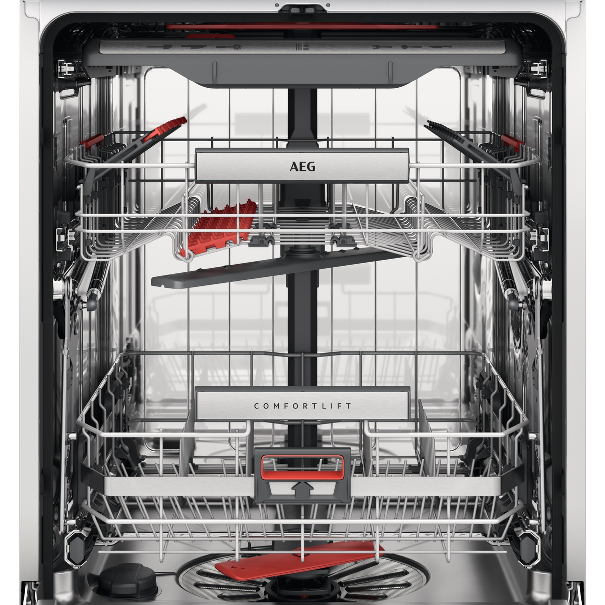Wnętrze zmywarki, widoczne etykiety AEG i ComfortLift. Metalowe i czerwone elementy.