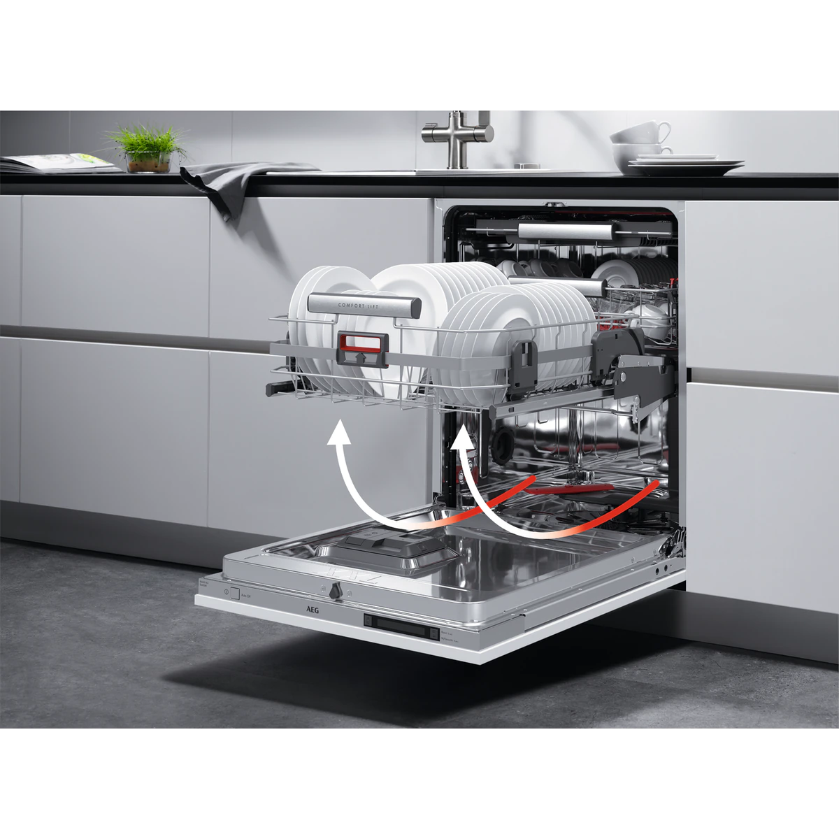 Zmywarka z otwartymi drzwiami, pokazująca czyste naczynia i strumienie wody.