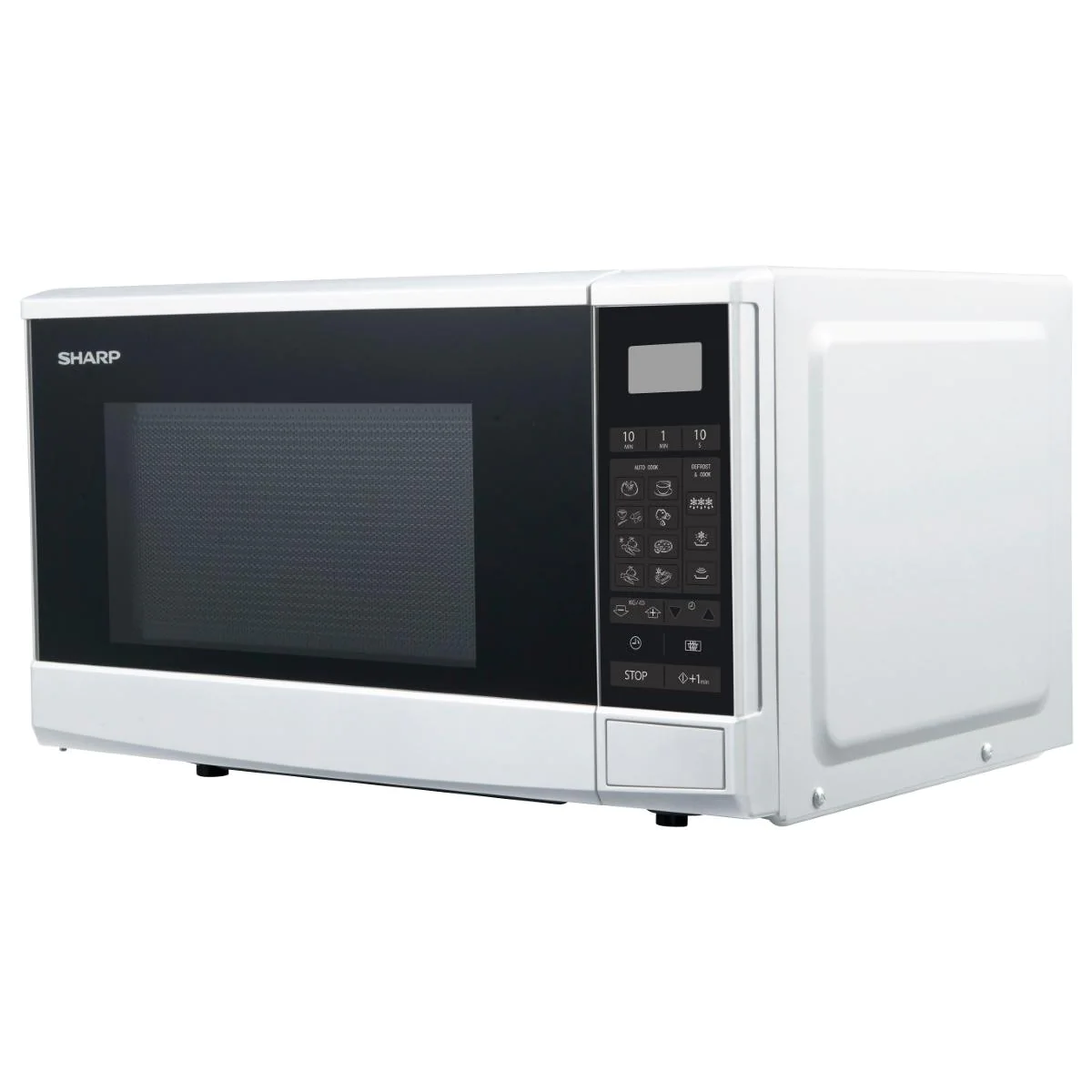 Biała kuchenka mikrofalowa z czarnymi drzwiami i panelem sterowania.