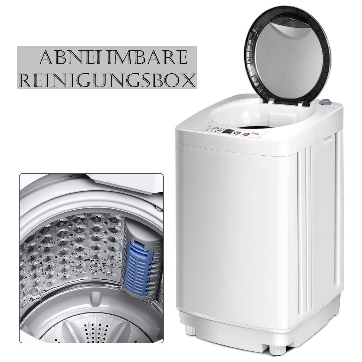 Eine weiße Waschmaschine mit herausnehmbarer Reinigungsbox. Der Deckel ist geöffnet und zeigt das Innere.