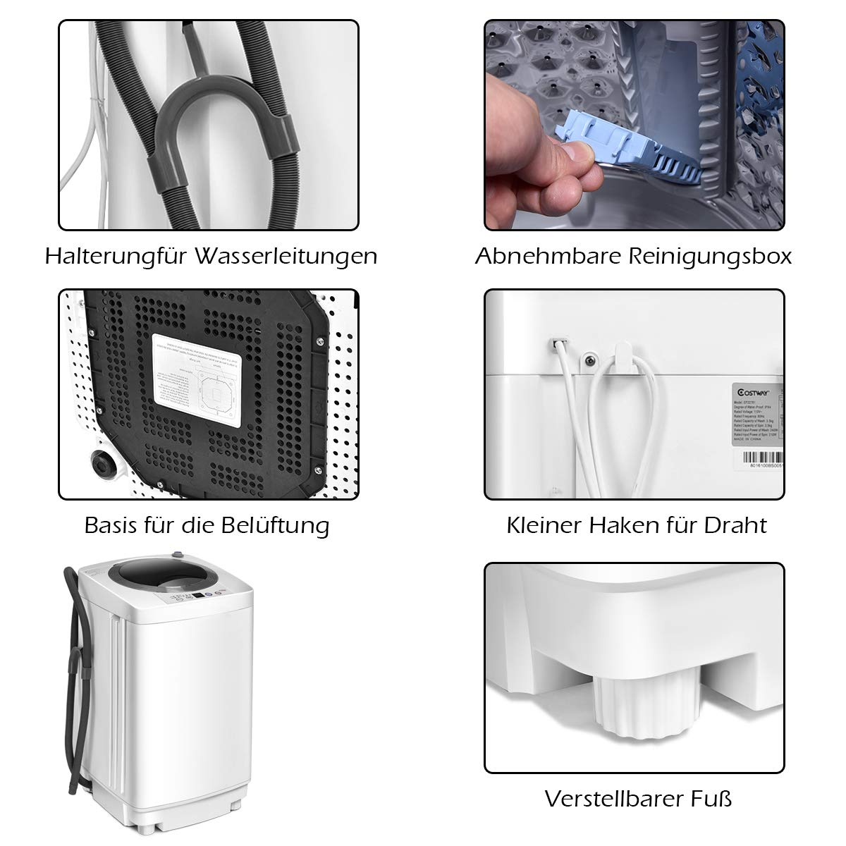 Sechs Bilder einer kleinen Waschmaschine mit Griff. Die Bilder zeigen Teile und Merkmale.