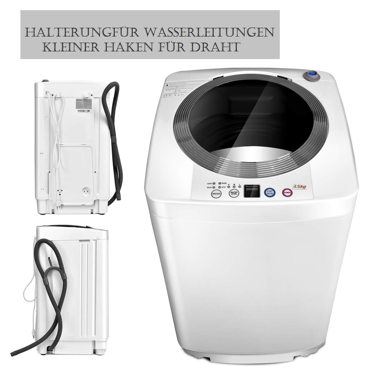 Weiße Waschmaschine mit drei Ansichten und Text: Halterung für Wasserleitungen, kleiner Haken für Draht.