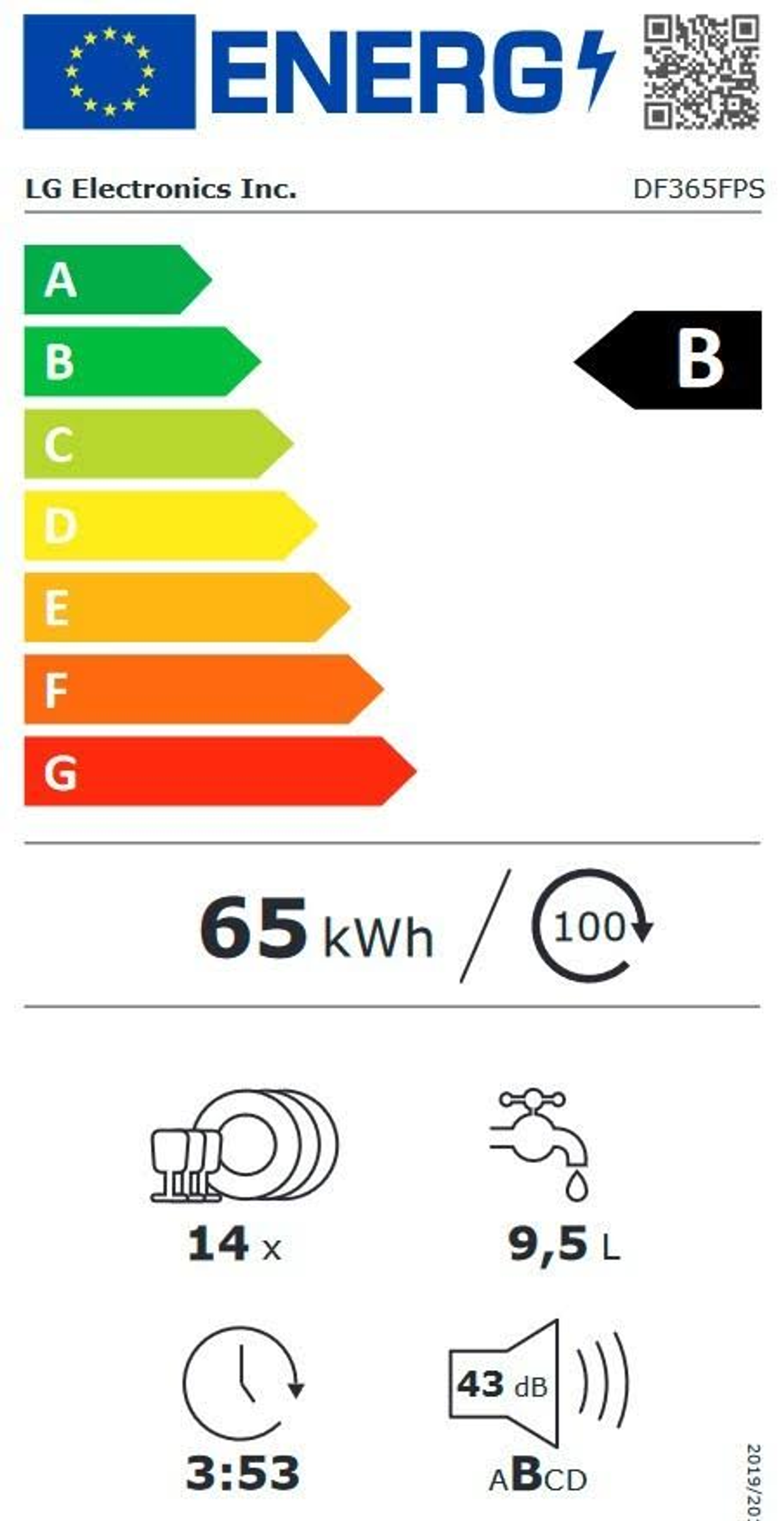 Etiqueta de eficiencia energética con una barra verde que indica eficiencia B, con iconos de electrodomésticos.
