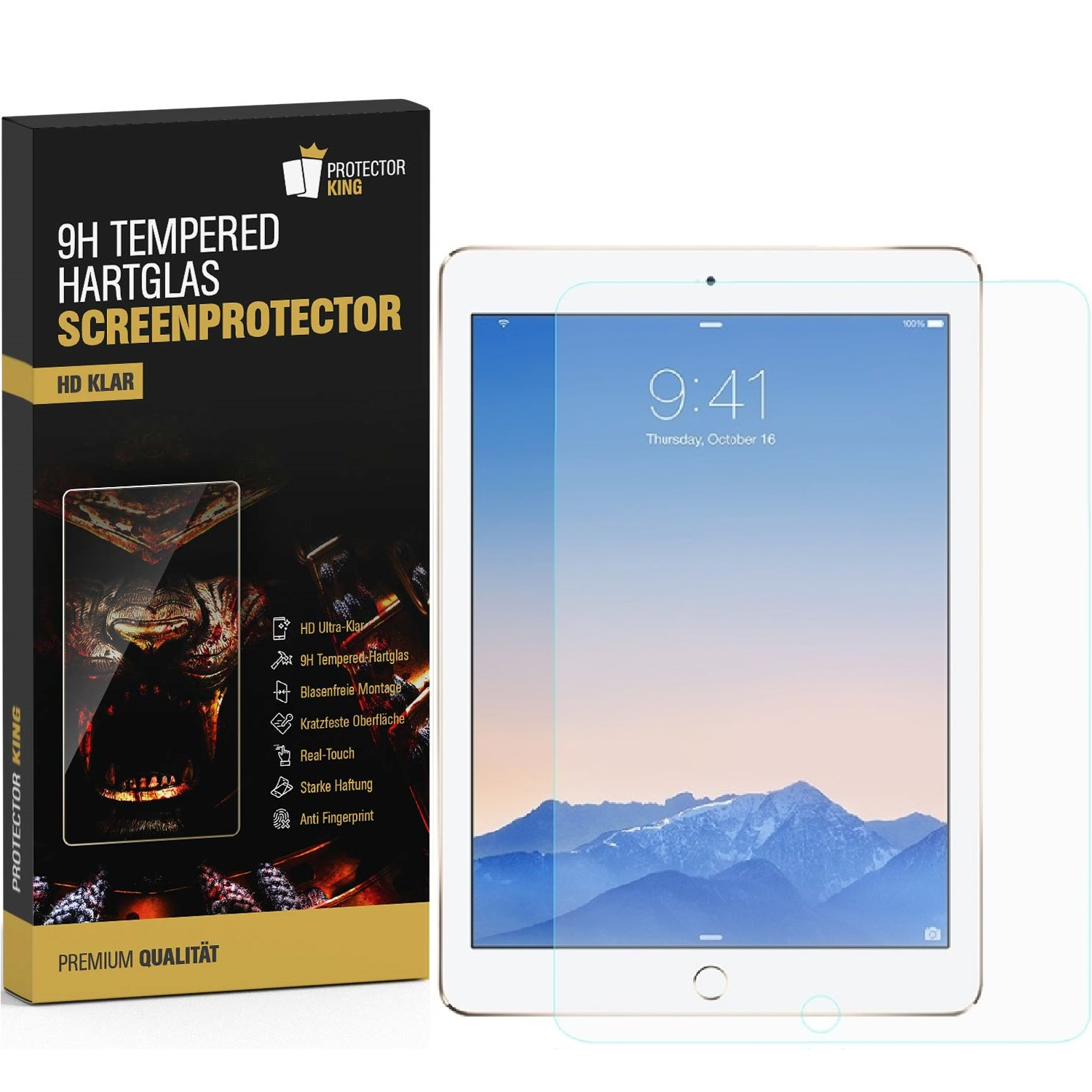9.7) Apple Schutzglas Hartglas 9H Displayschutzfolie(für HD PROTECTORKING 2 2x Air iPad KLAR