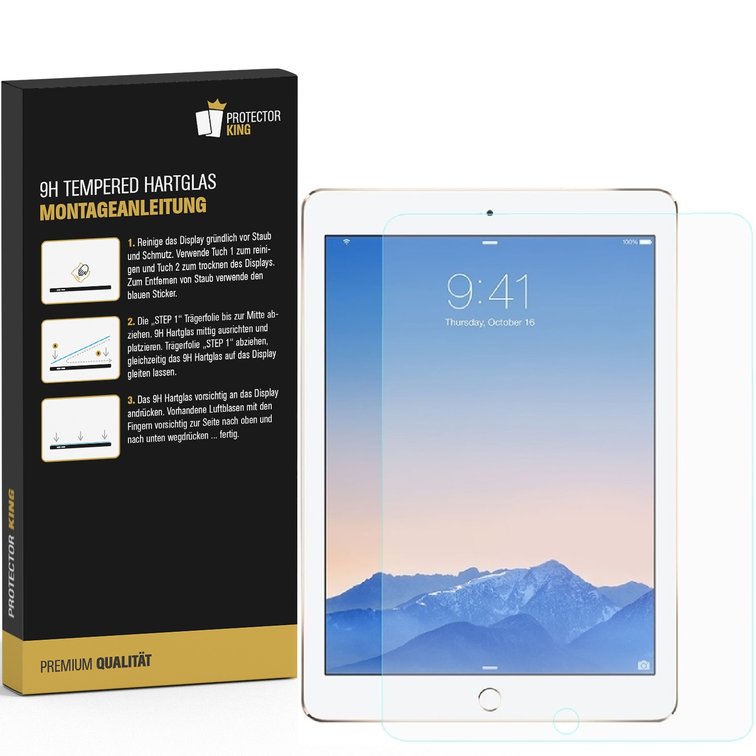 iPad HD PROTECTORKING 9.7) KLAR 4x Schutzglas 2 Apple 9H Air Displayschutzfolie(für Hartglas