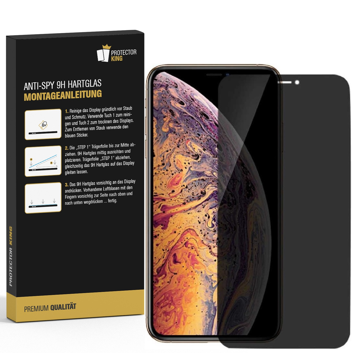 Anti-Spy 9H Glas-Displayschutzfolie mit Montageanleitung. Box, Folie und Telefon.