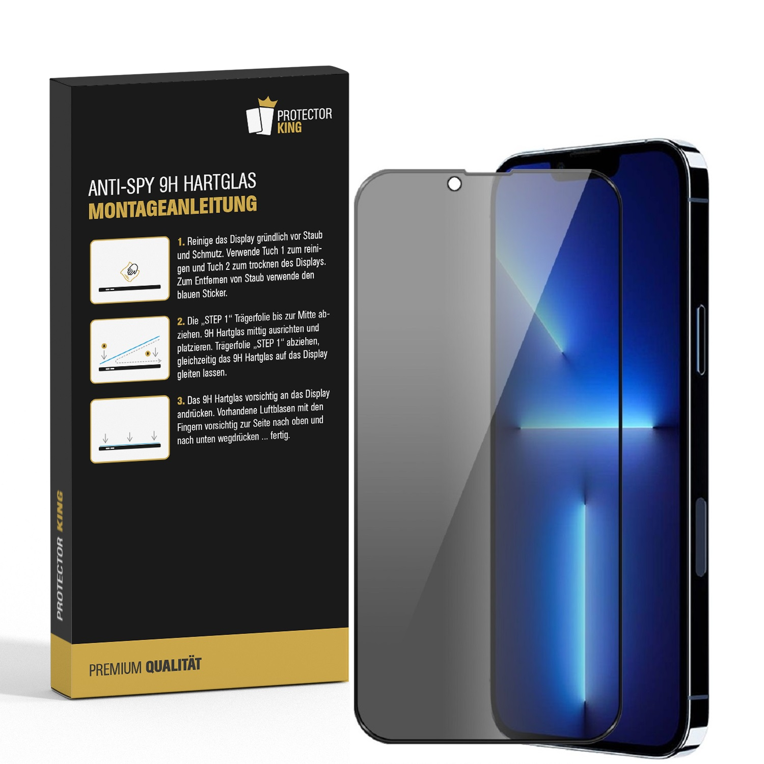 Schachtel mit Anweisungen zum Anbringen eines Bildschirmschutzes auf einem Telefon und ein Telefon mit angebrachtem Schutz.