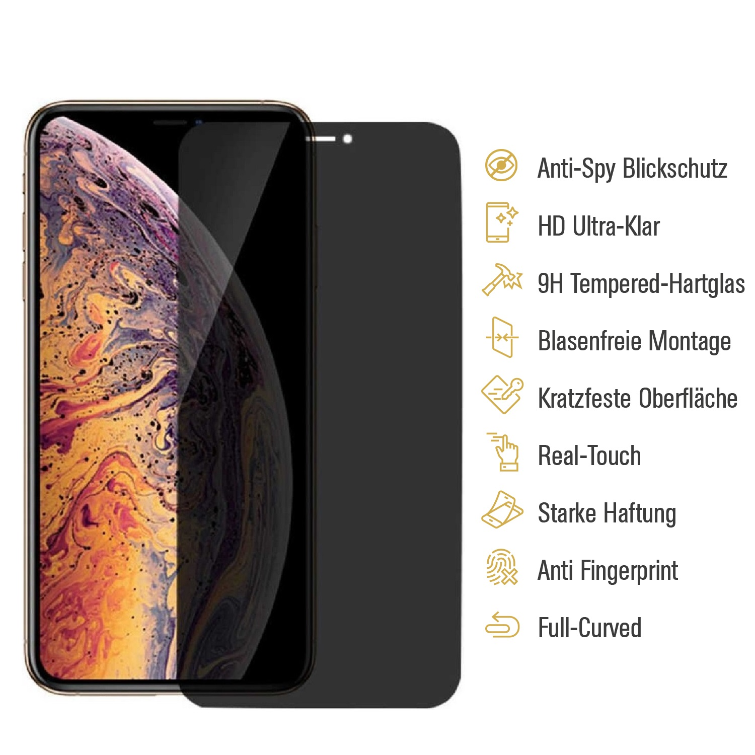 Telefon mit Displayschutzfolie und eine Liste der Schutzmerkmale. Das Telefon ist schwarz.