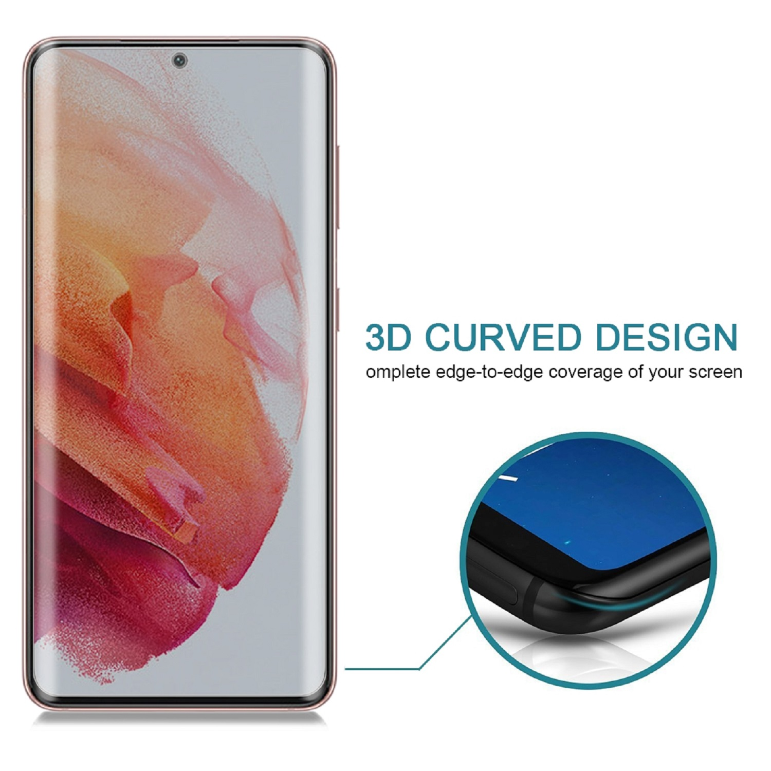 Ein Smartphone mit gebogenem Bildschirm mit 3D-gebogenem Design, mit Nahaufnahme der Kanten. Weißer Hintergrund.