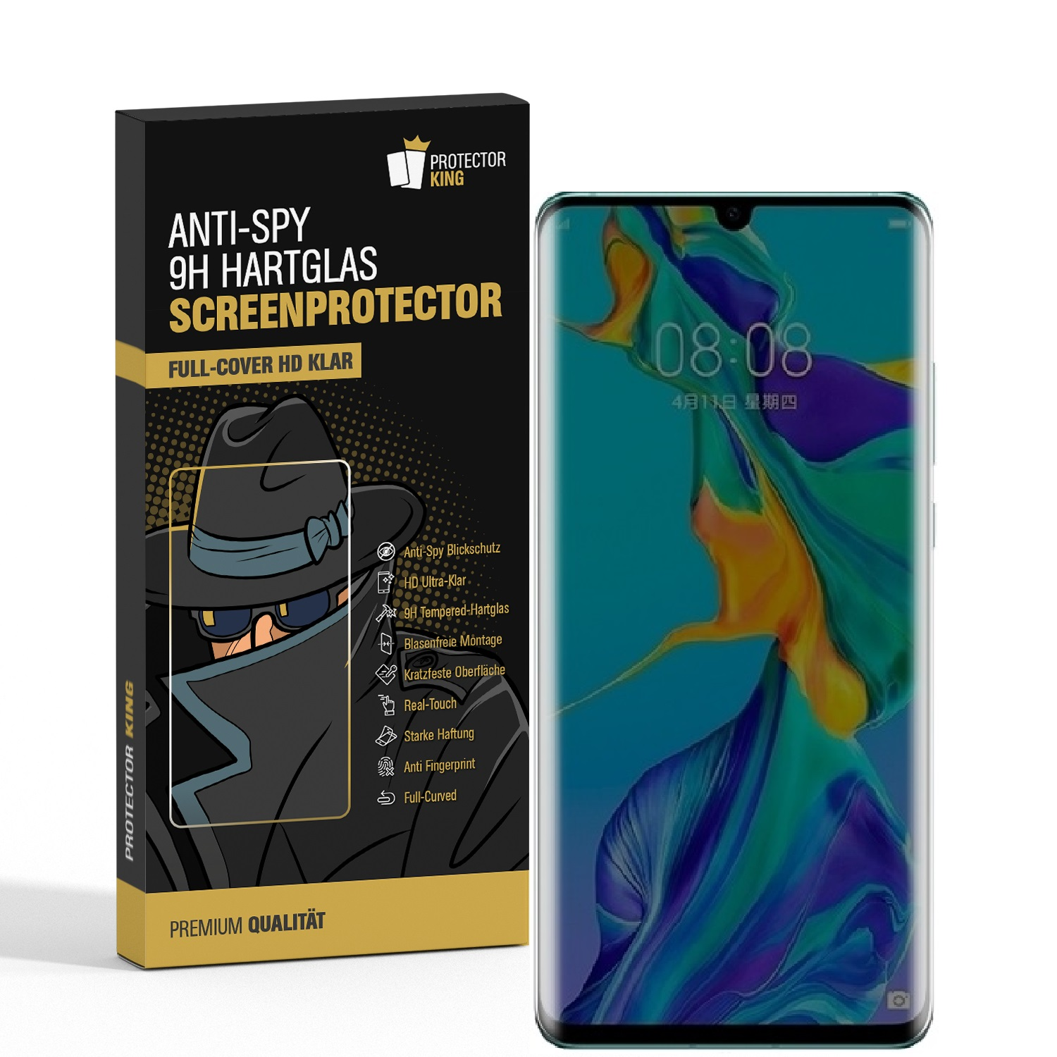 PROTECTORKING 1x FULL CURVED Displayschutzfolie(für Schutzglas Huawei P30 9H Pro) ANTI-SPY