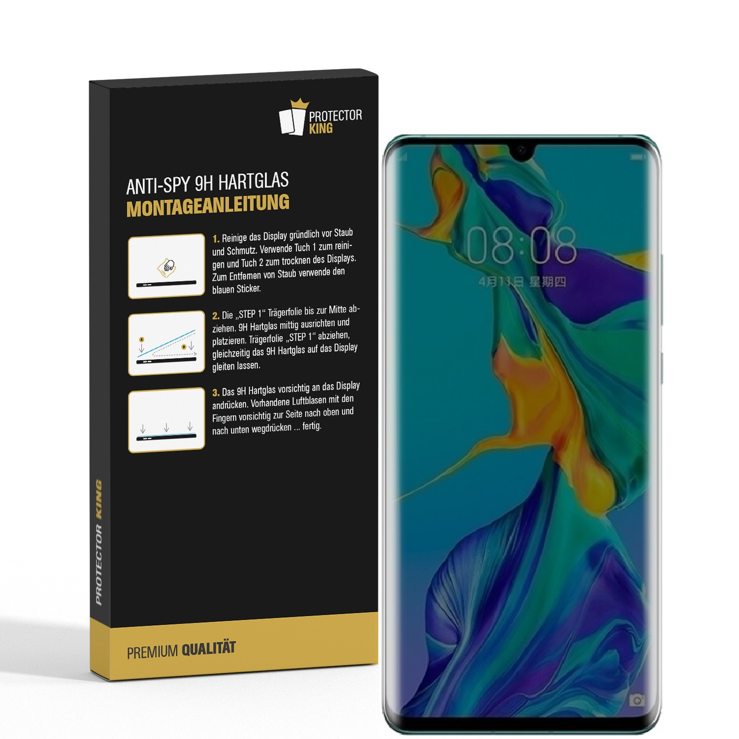 Ein schwarzes Telefon mit Displayschutzfolie und einer Box mit deutscher Anleitung. Das Telefon zeigt die Uhrzeit an.