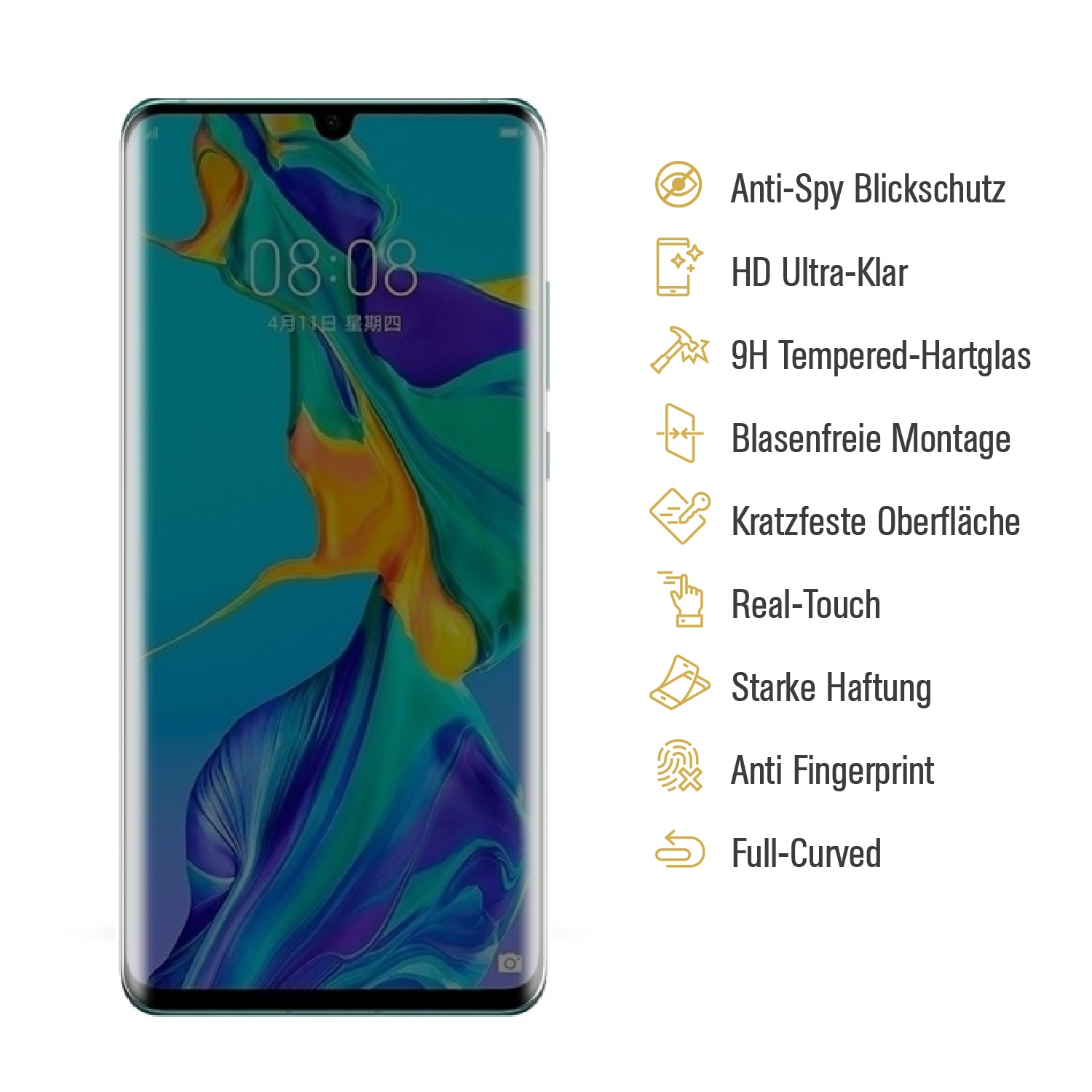 Telefonbildschirm mit Text und Symbolen. Eine Schutzfolie ist aufgebracht.