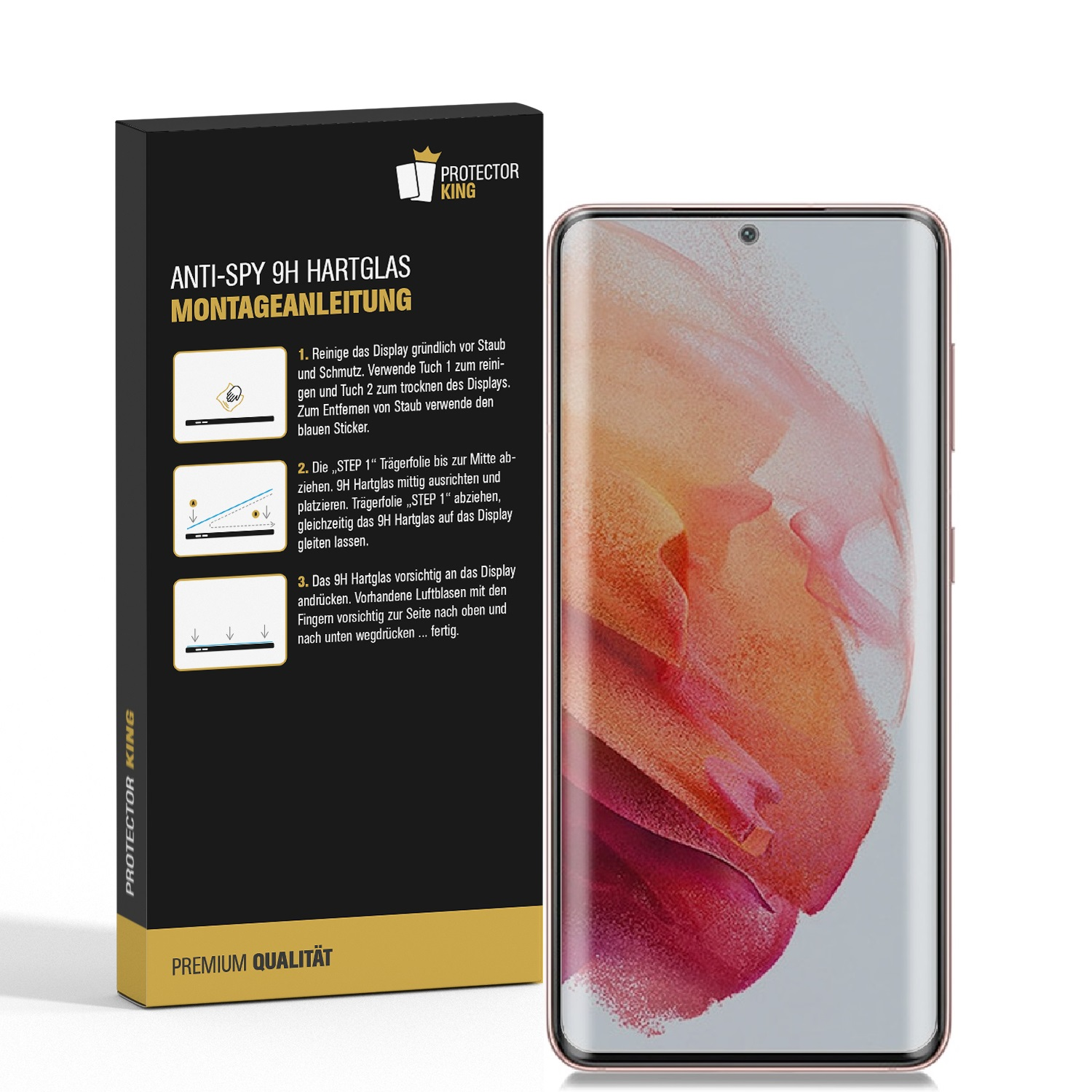 Ein Telefon und eine Schachtel mit Anweisungen für einen Displayschutz auf weißem Hintergrund.
